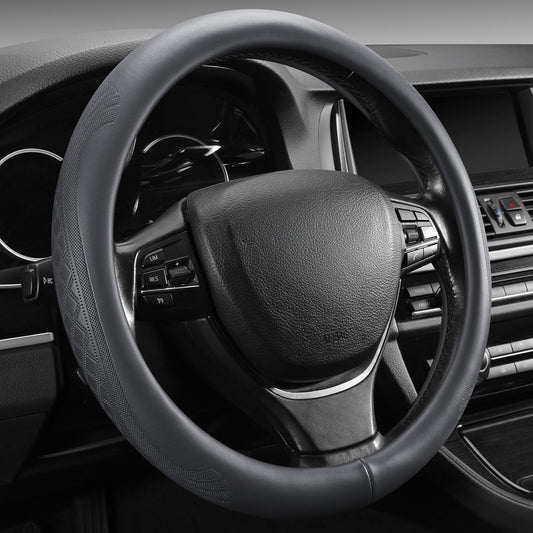 【2025 Model】 Real Cowhide Steering Wheel Cover for Men Women，Gray Genuine Leather Steering Wheel Cover for Cars,Universal 14.5-15 inch Steering Wheels,Grid & Square Motif