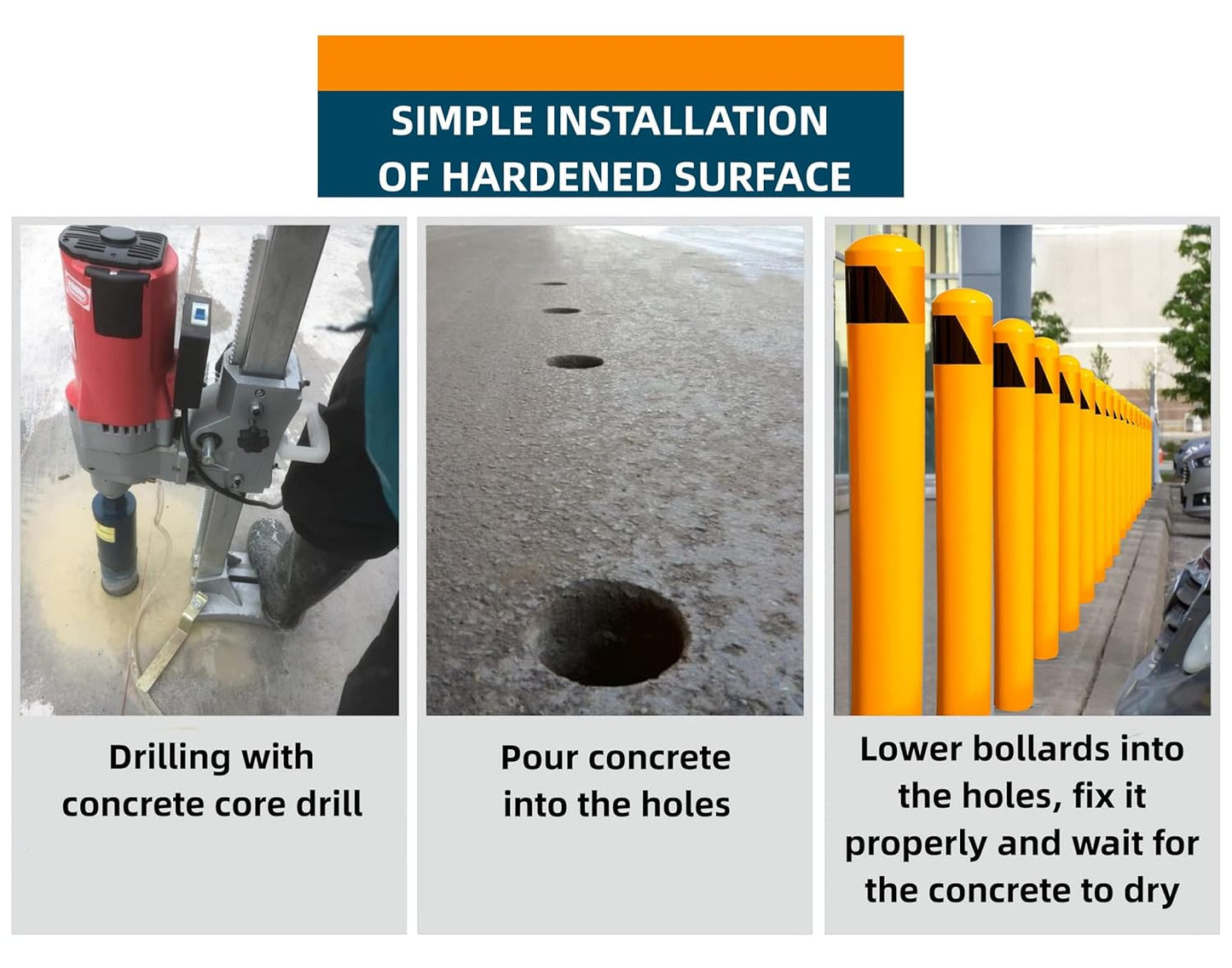 46" High Pour in Place Steel Bollard Post with Removable Cap, 5-1/2" OD Safety Bollard Yellow Powder Coat, Metal Bollard Parking, Door Front Barrier