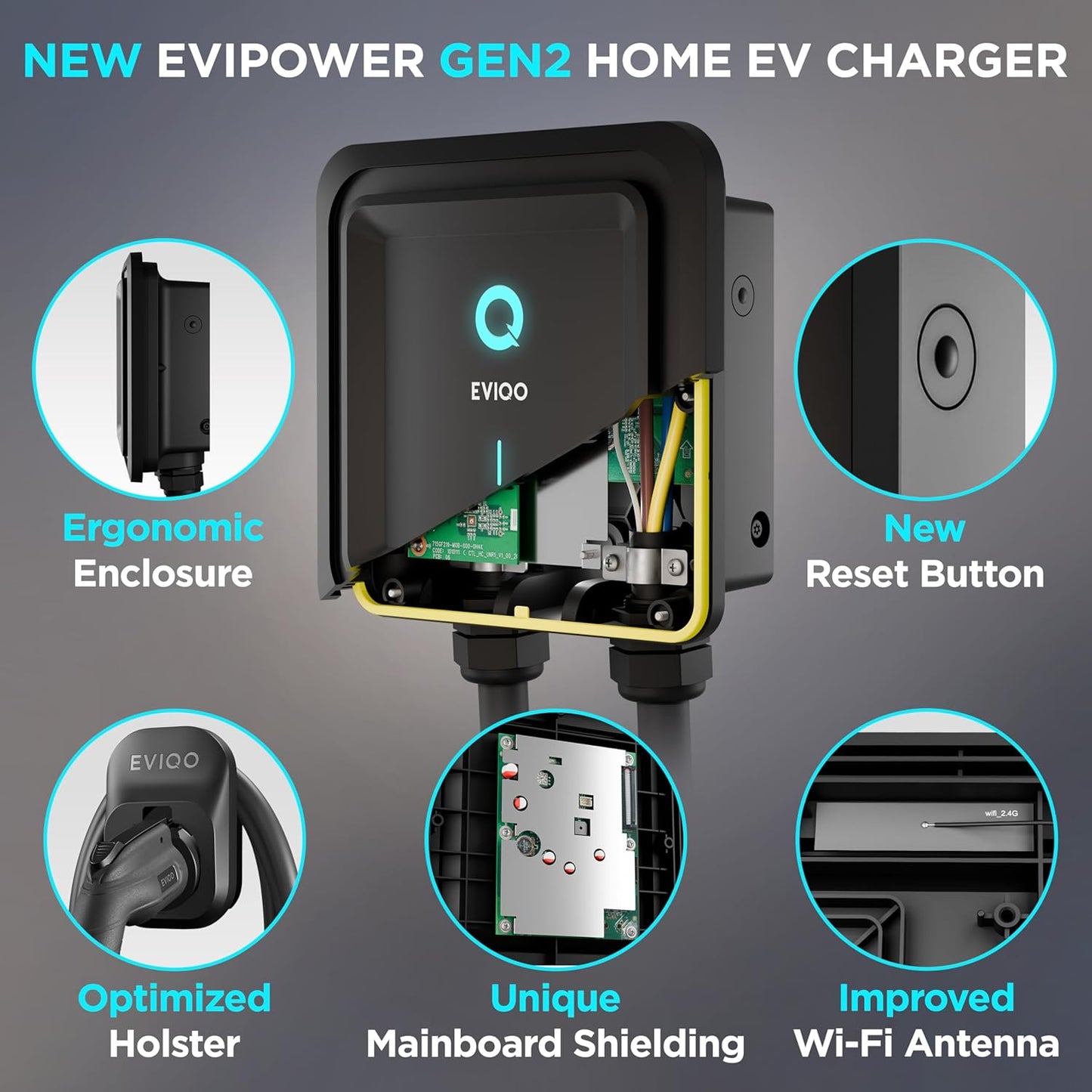EVIQO Level 2 EV Charger – 48 Amp (11.5 kW) 240V – Wall EV Charger Level 2, NEMA 14-50 Plug/Hardwired, J1772 25' Cable, Enhanced Wi-Fi – UL, Energy Star, ETL Certified EVSE, Car Charging Station GEN 2