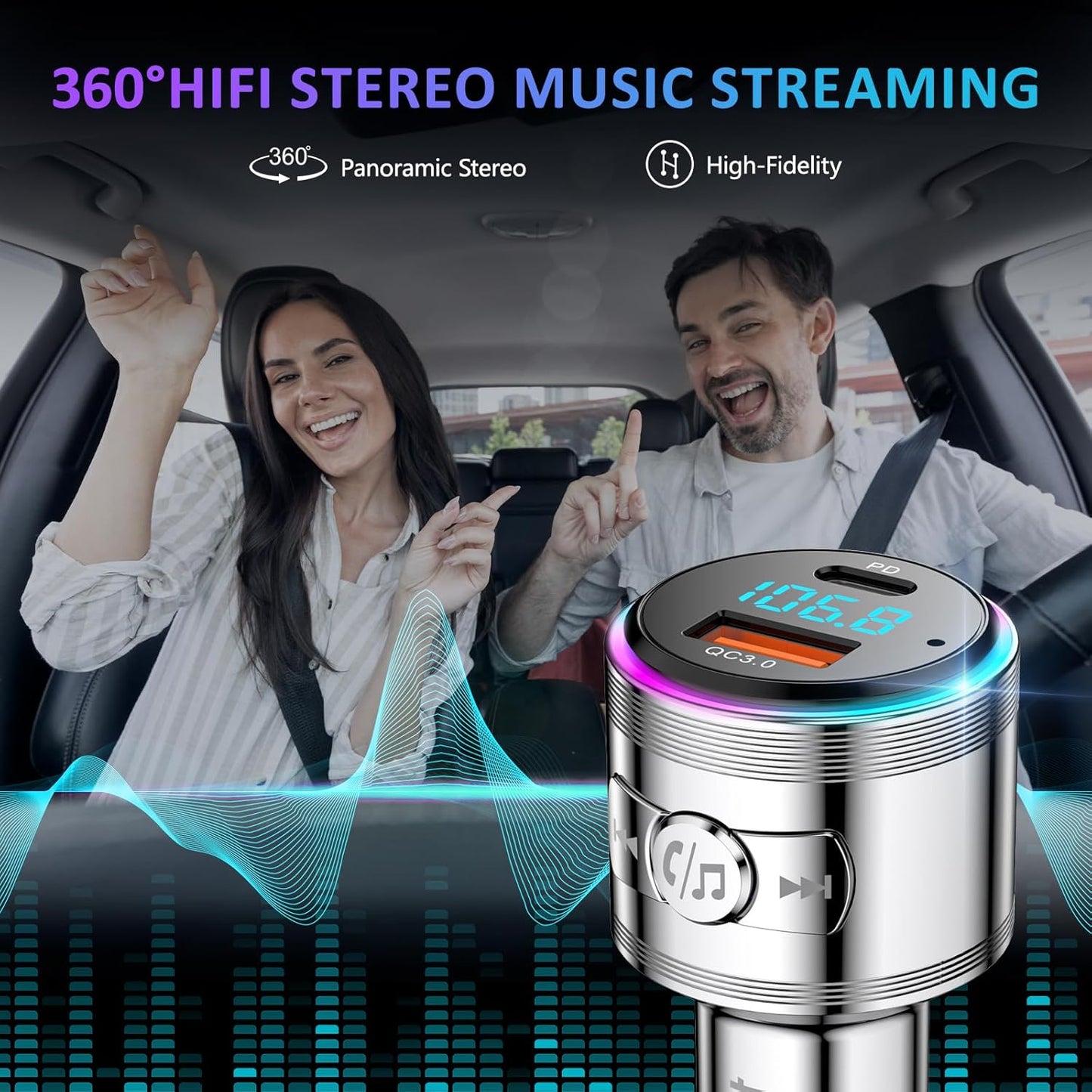 Bluetooth Transmitter for Car, LENCENT Full Metal Bluetooth 5.3 Car Adapter Dual USB Fast Charging 48W(PD 30W & QC3.0 18W), Wireless FM Radio Transmitter with Hi-Fi Music, Hands-Free Calling