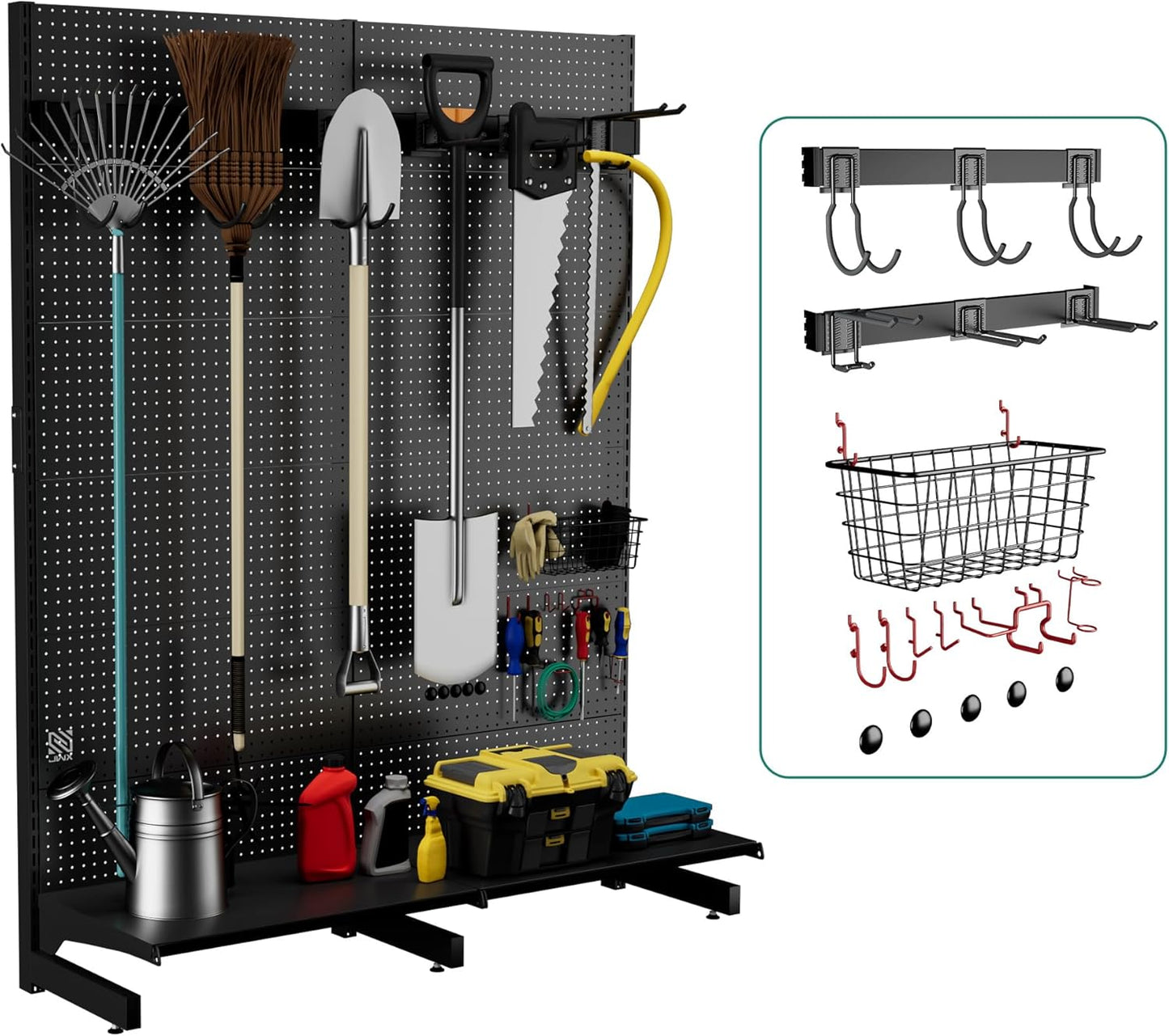 JWX Garage Pegboard Tool Organizer Free Standing, Organizer Storage Rack with 21 Pegboard Storage Set Max 300 lbs Super Heavy Duty Garden Tool Hanger Rack for Ski Gears, Broom, Shovel Yard Tools