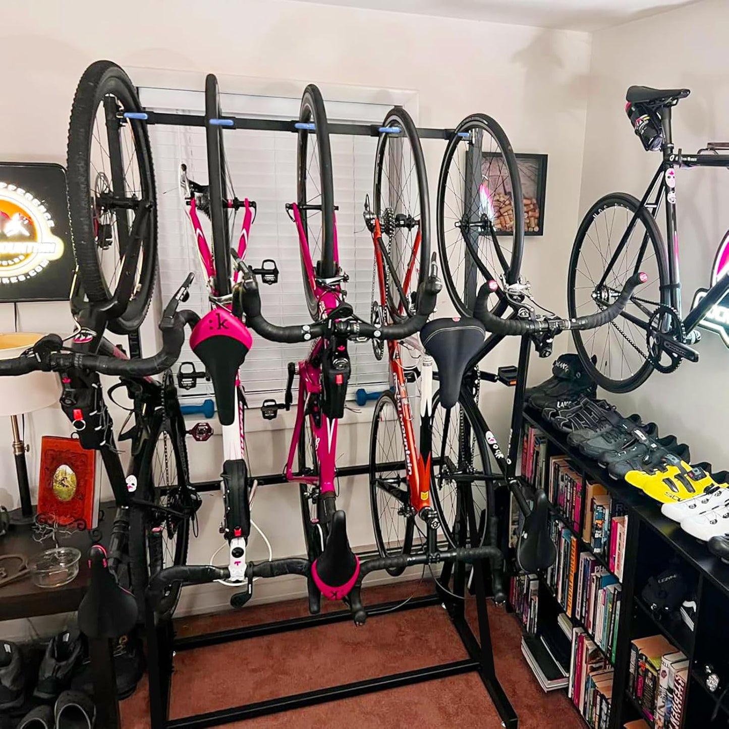 KAXIWEI Freestanding Bike Storage Rack，Vertical Bike Rack for Indoor Garage Floor Stand Max 5 Bike Bicycle Organizer Heavy-Duty Solid Steel Bike Storage Rack for Home and Garage Organizer