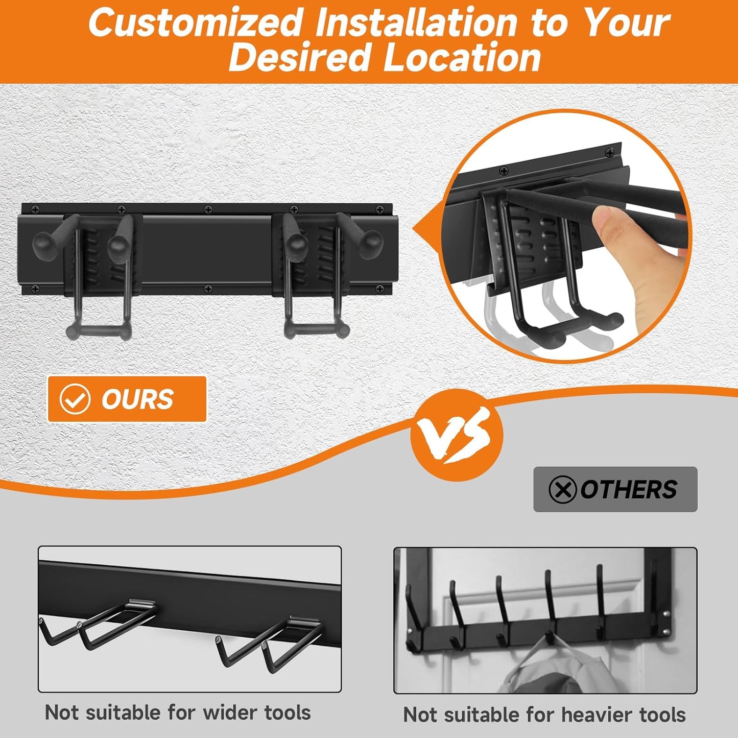 Garden Tool Organizer Wall Mount, Heavy Duty 48 Inches Garage Organization and Storage Racks for Yard Tools with 6 Hooks, Tool Hangers Holders for Hanging Folding Chair, Rake and Shovel