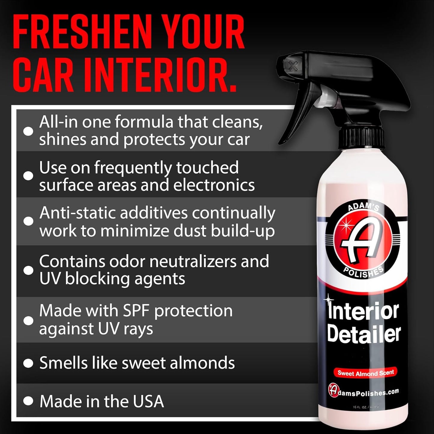 Adam's Polishes Interior Detailer Gallon (Sweet Almond) - Total Car Interior Cleaner, Protectant & Dressing | All Purpose Cleaner & Leather Conditioner | Vinyl, Dashboard, Screen, Seat Cleaner & More