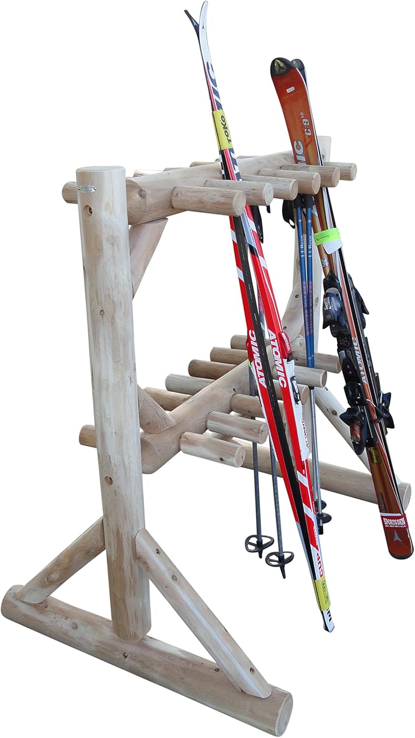17-Pair Freestanding Skis + Snowboard Log Rack, Standing Shorter Ski Storage Racks, Snowboard Sports Organizer, Ski Poles Garage Sports Equipment Organizer, Rack for Snowboards - Natural