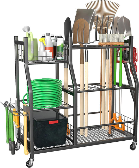 Ultrawall Garden Tool Organizer, Yard Tool Storage Rack for Garage Organization with Lockable Wheels, Garden Tool Stand for Rake, Brooms, Indoor & Outdoor Use