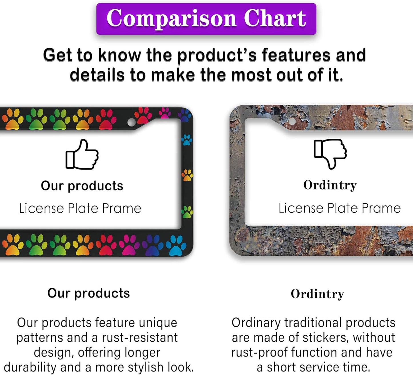 License Plate Holder Rainbow License Plate Frames Colors of The Rainbow Dog Paw Universal Aluminum Car Accessory 2 Pack with Screw Covers Set