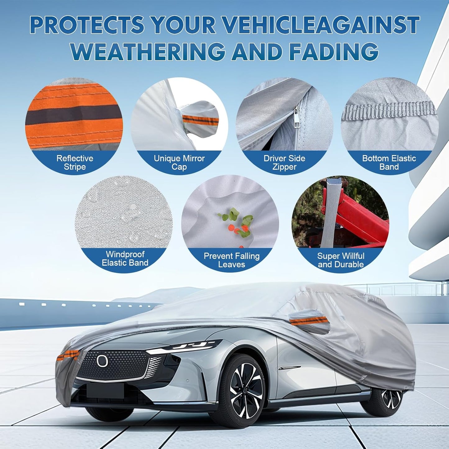 KEYOOG Fit for 164"-178" Length SUVs, 6-Layer Full Car Cover is All-Weather Waterproof, Universal in All Seasons, Snow Prevention, Rainproof, Acid Rainproof, Sunscreen, Orange Reflective Strip