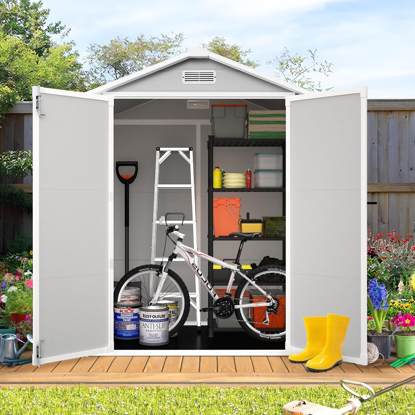 6 * 4.4 FT Resin Outdoor Storage Shed Plastic Shed with Floor, Reinforced Floor for Patio Furniture, Gardening Tools, Lawn Mower, Plastic Garden Shed with Lockable Door for Backyard (Gray)