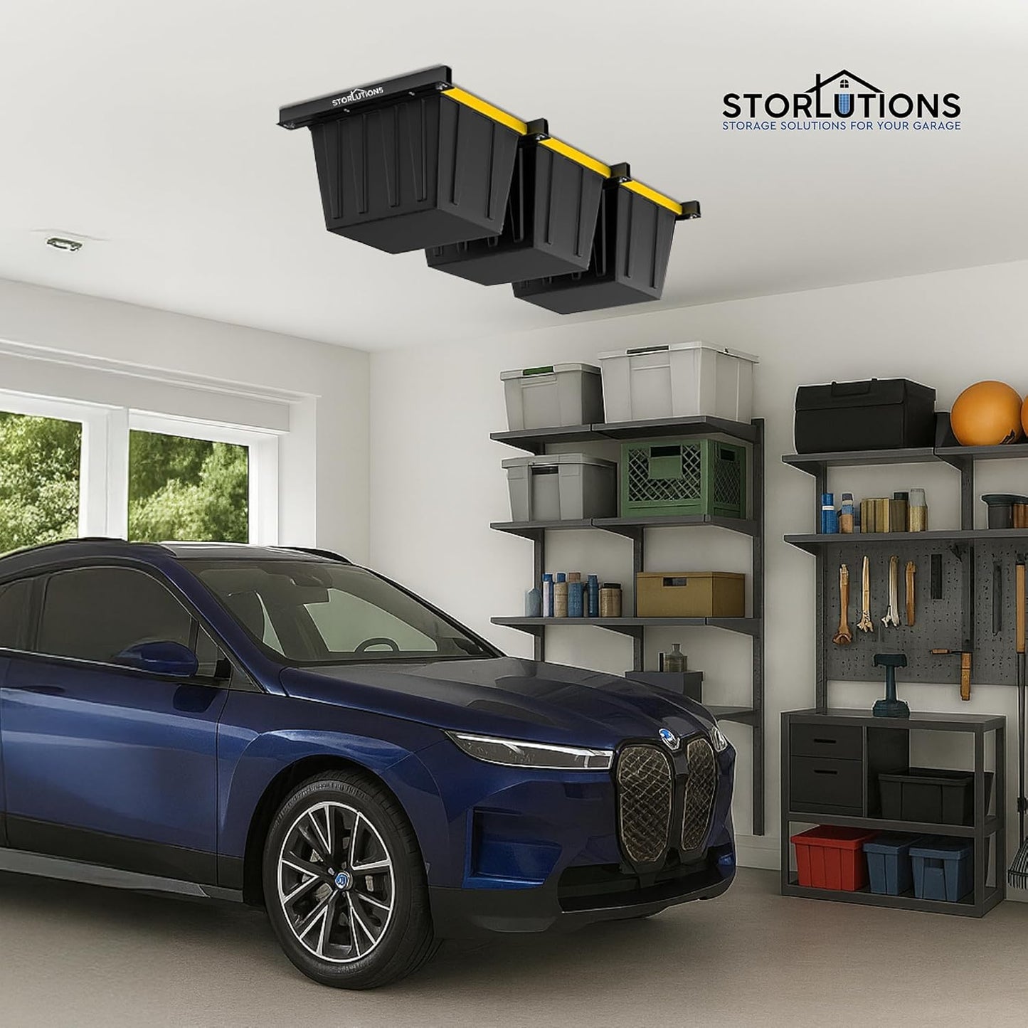 Heavy Duty Adjustable Ceiling Mount Garage Shelving for 16"-24" Stud Spacing, Ideal for Garage Storage and Home Organization Solutions