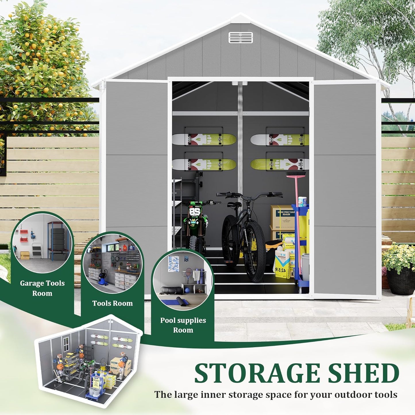 8x10 FT Outdoor Storage Resin Shed with Floor,Waterproof Plastic Garden Bike Shed with Lockable Door, Sloped Roof, Vents & Windows, Easy Assembly Tool Shed for Lawn, Backyard, Patio, Grey