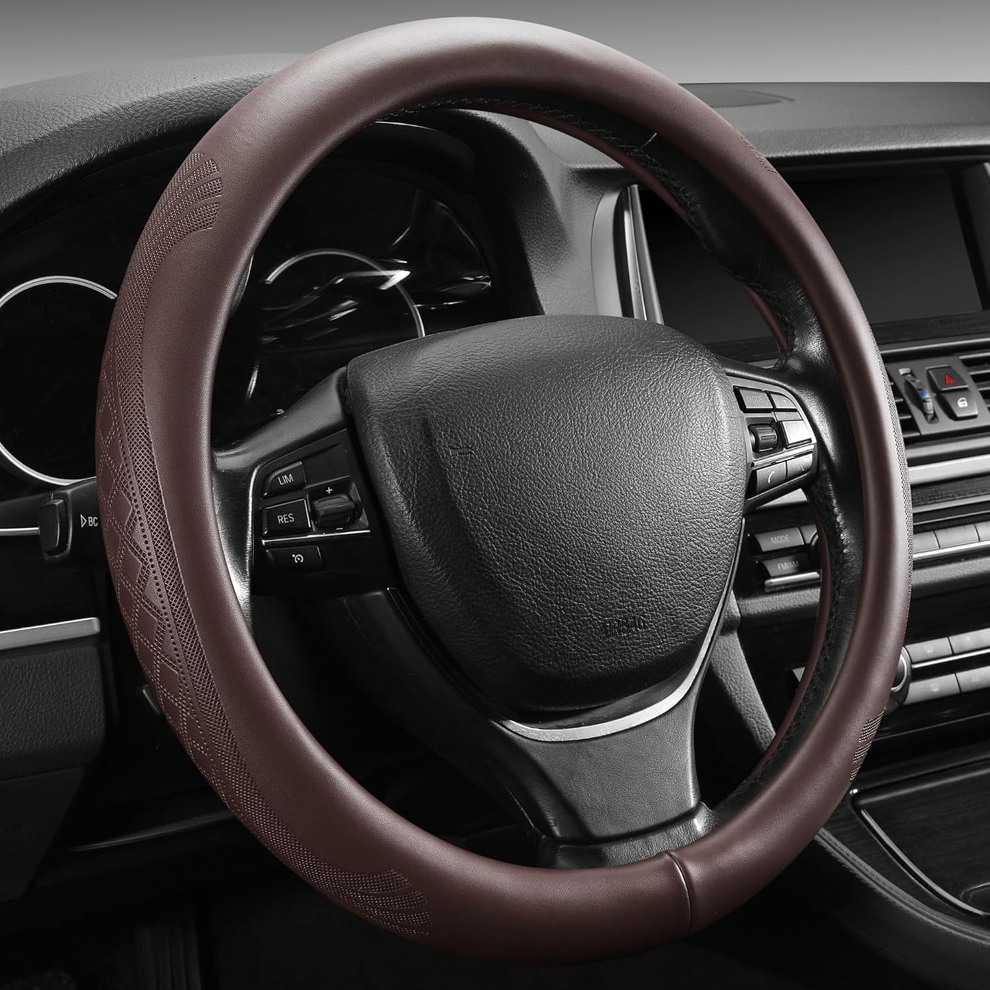 【2025 Model】 High-Grade Real Cowhide Steering Wheel Cover for Men Women，Brown Genuine Leather Steering Wheel Cover for Cars,Universal 14.5-15 inch Steering Wheels,Grid & Square Motif