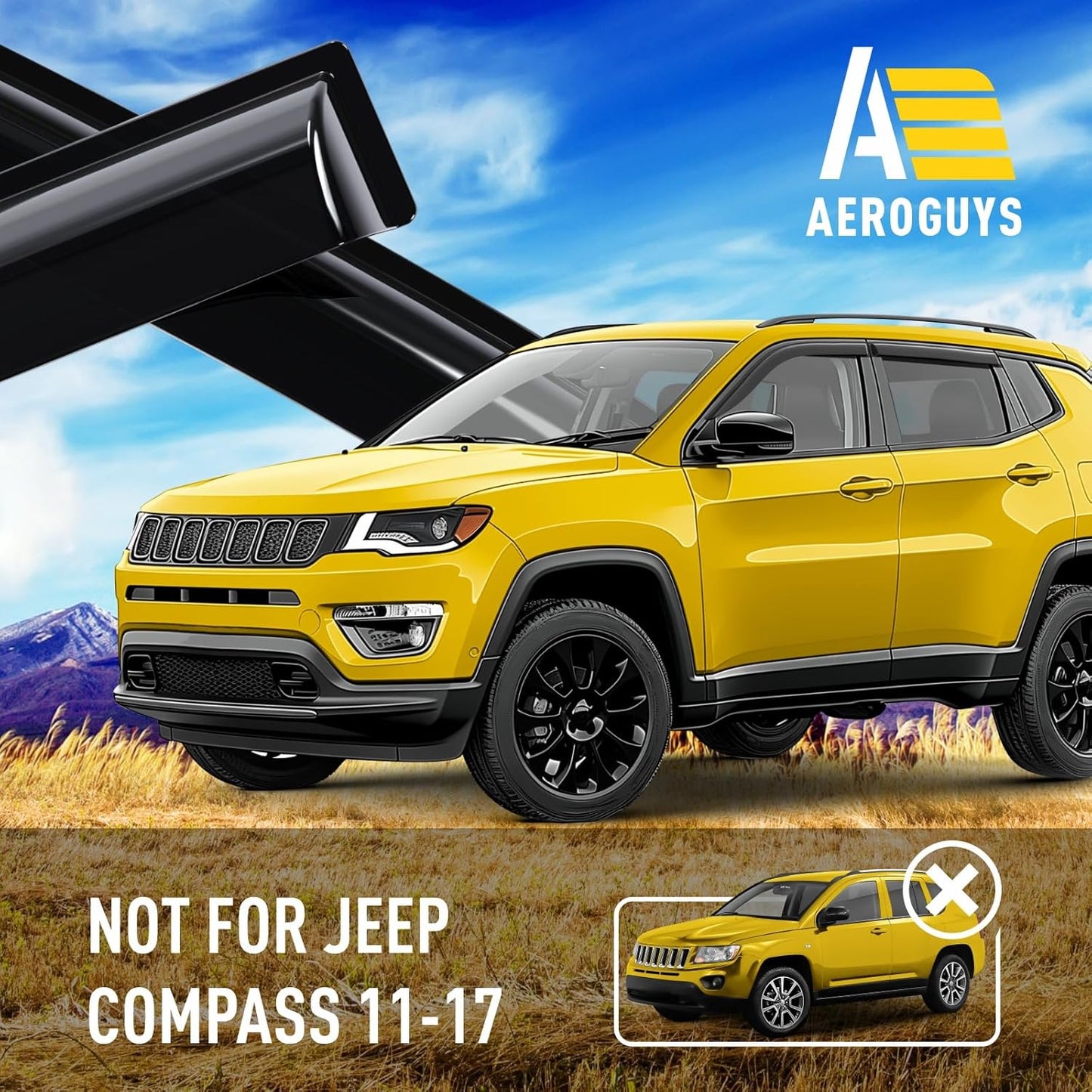 Extra Durable Window Deflectors Tape-On Window Visors Rain Guards Fit for Jeep Compass 2017-2025, Sun Visors, Wind Vent for Shades, Exterior Car Accessories - 4pcs. AG0729