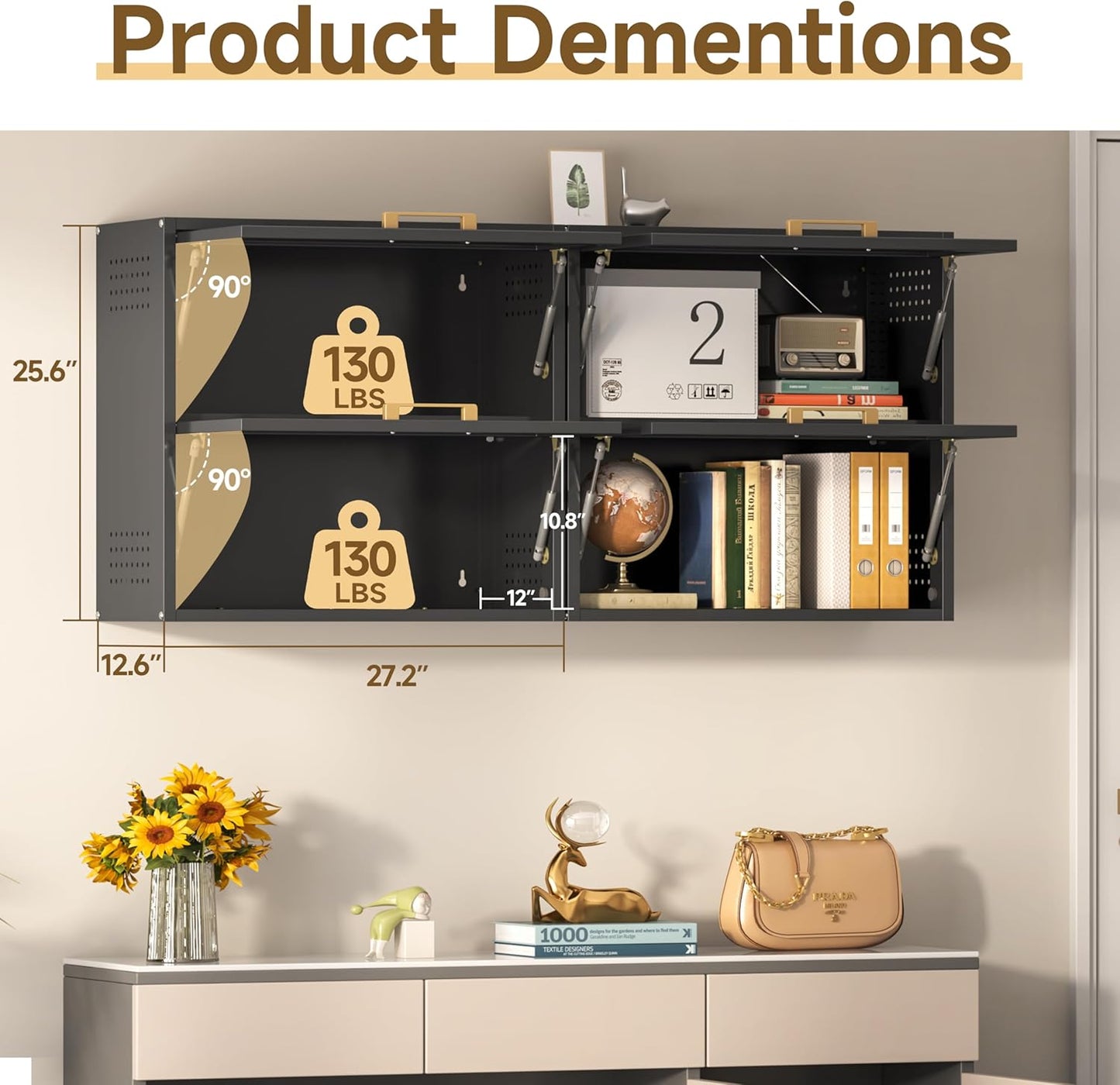 Metal Wall Cabinets with 2 Up-Flip Doors, Floating Steel Wall Mounted for Garage, Basement, Home Office, Kitchen, Warehouse - Black