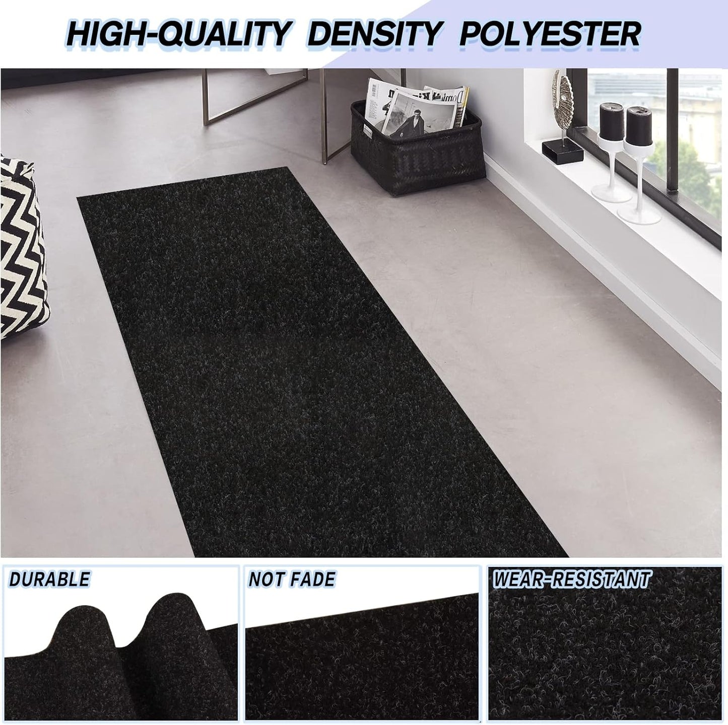 Custom Size Backed Non-Slip Area Rugs Runner, Easy Clean, Waterproof Runner Rugs for Hallway Entryway, Kitchen, Laundry, 4FT x 73FT, Black