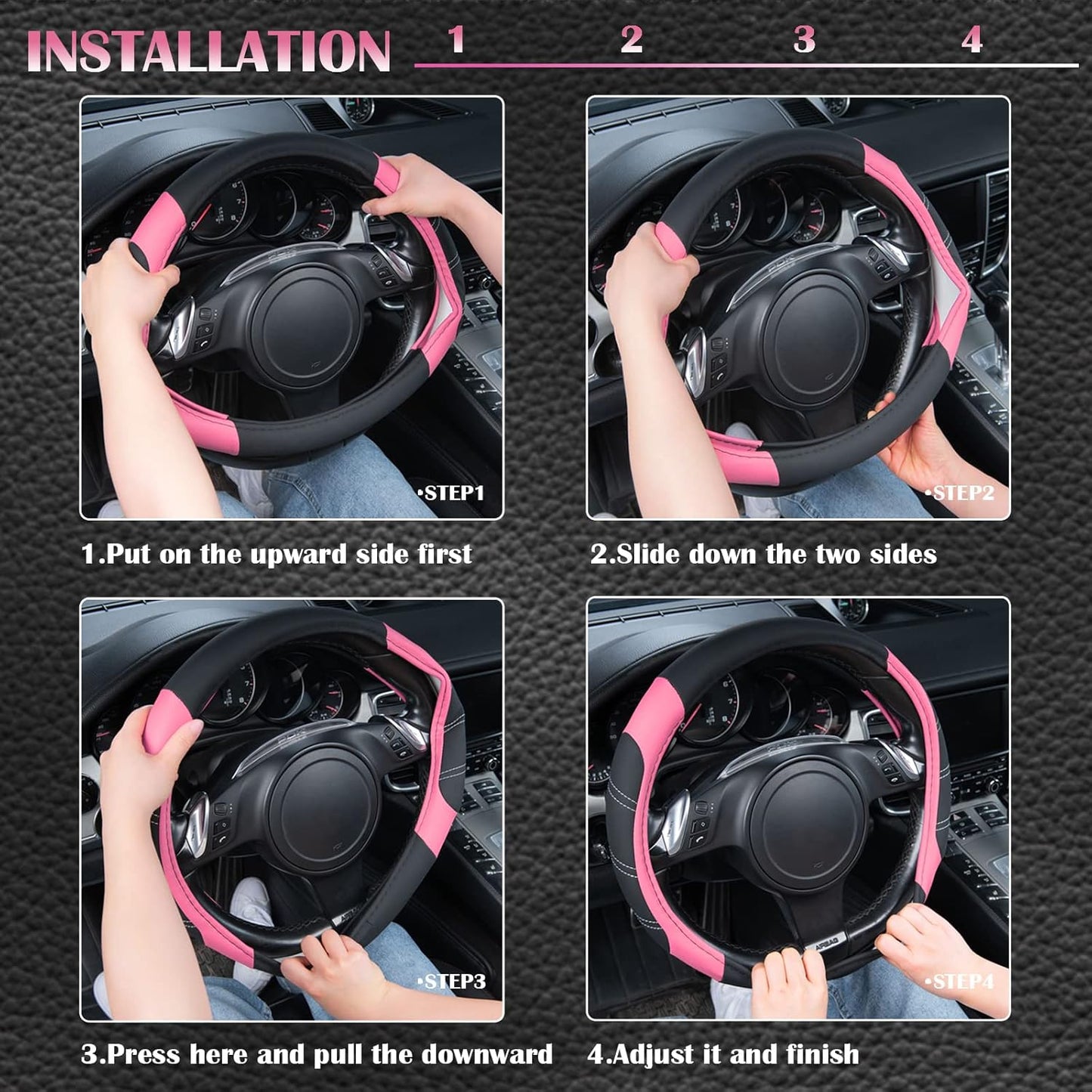 CAR PASS Line Rider Microfiber 14 Inch Leather Sporty Steering Wheel Cover Universal Fits for 95% Truck,SUV,Cars, Anti-Slip Safety Comfortable Desgin (Black Pink)