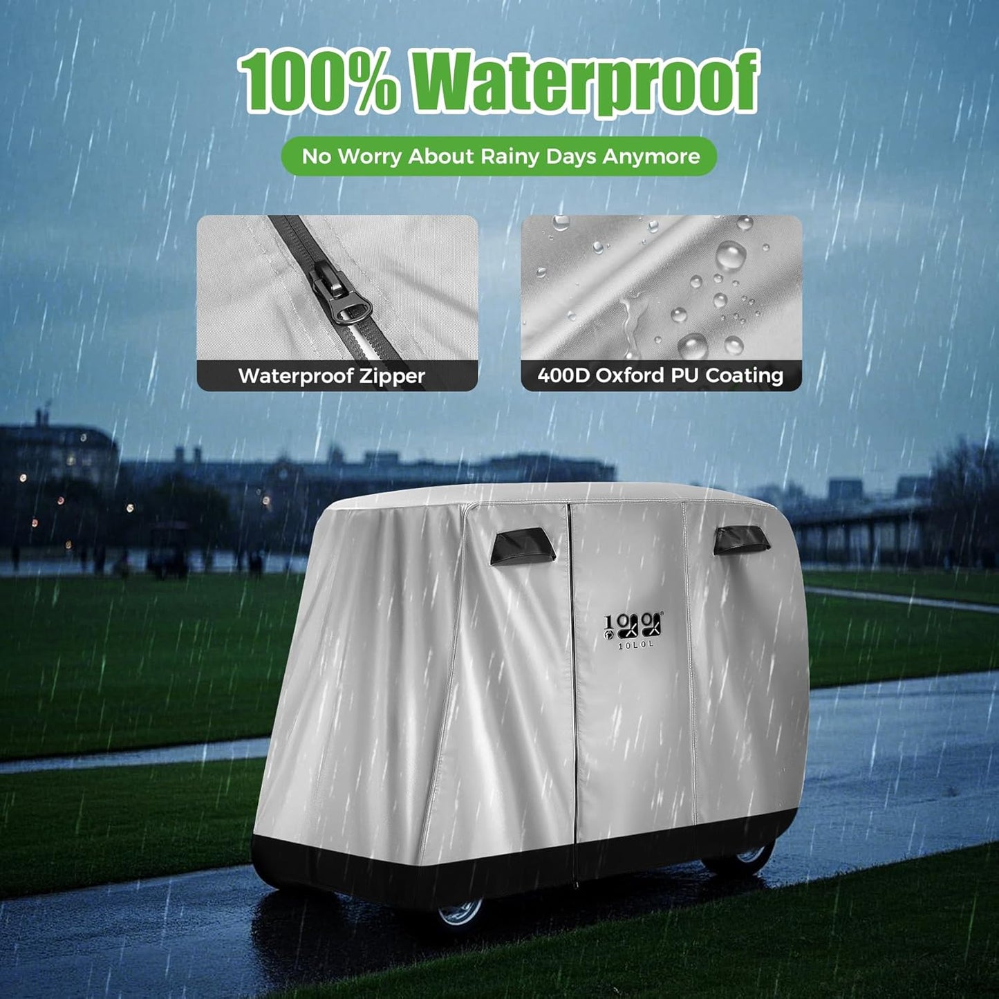 10L0L 4 Passenger Golf Cart Cover for Yamaha EZGO Club Car, 400D Polyester All-Weather Waterproof Golf Cart Storage Cover with Three Zipper Doors-Silver