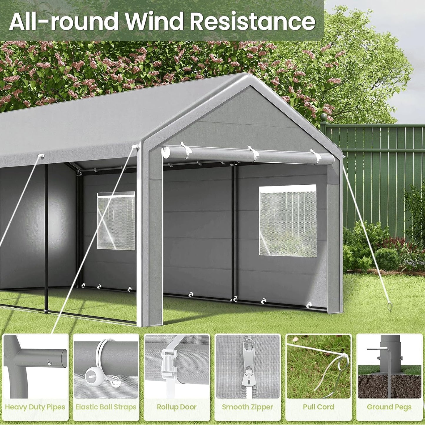 Carport 10x20 Ft, Heavy Duty Car Canopy with Reinforced Ground Bar, Portable Garage with Roll-up Windows and Removable Sidewalls, Galvanized Car Shelter, Large Outdoor Storage Shed (Grey)