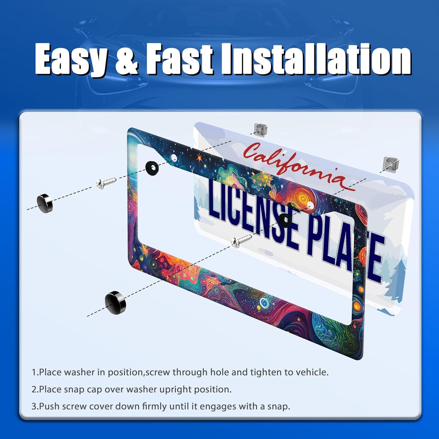 Abstract Galaxy License Plate Frame Starry Sky License Plate Stainless Steel Funny License Plate Holder for Men Women Colorful Car Accessories Decoration 12.3" x 6.3"
