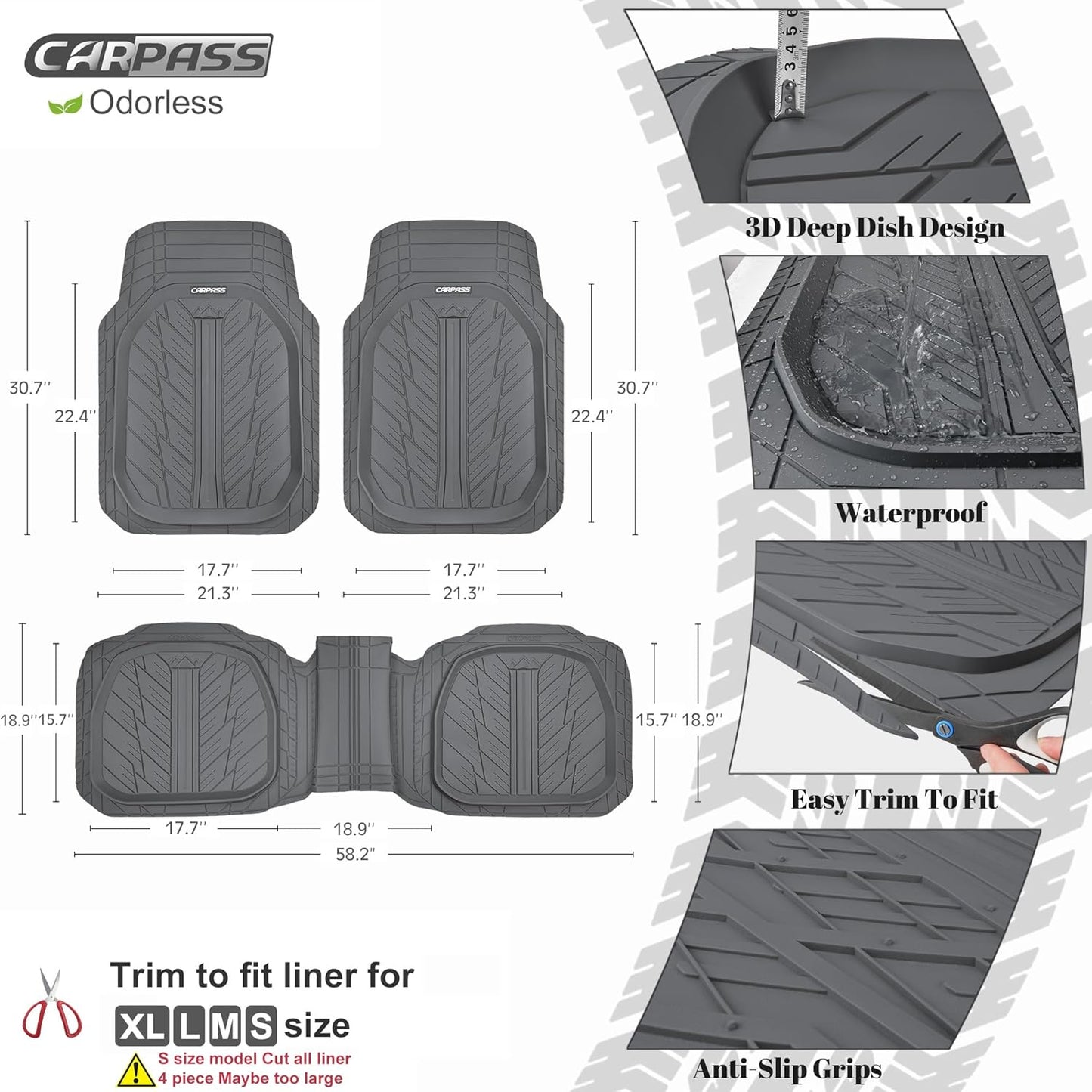CAR PASS DeepDish Floor Mats for Cars Full Set,Heavy Duty Rubber Car Mats 3-Piece,Universal Waterproof Trim-to Fit Automotive Floor Mats for Truck Van SUV, Durable All-Weather Car Mats(Pure Gray)