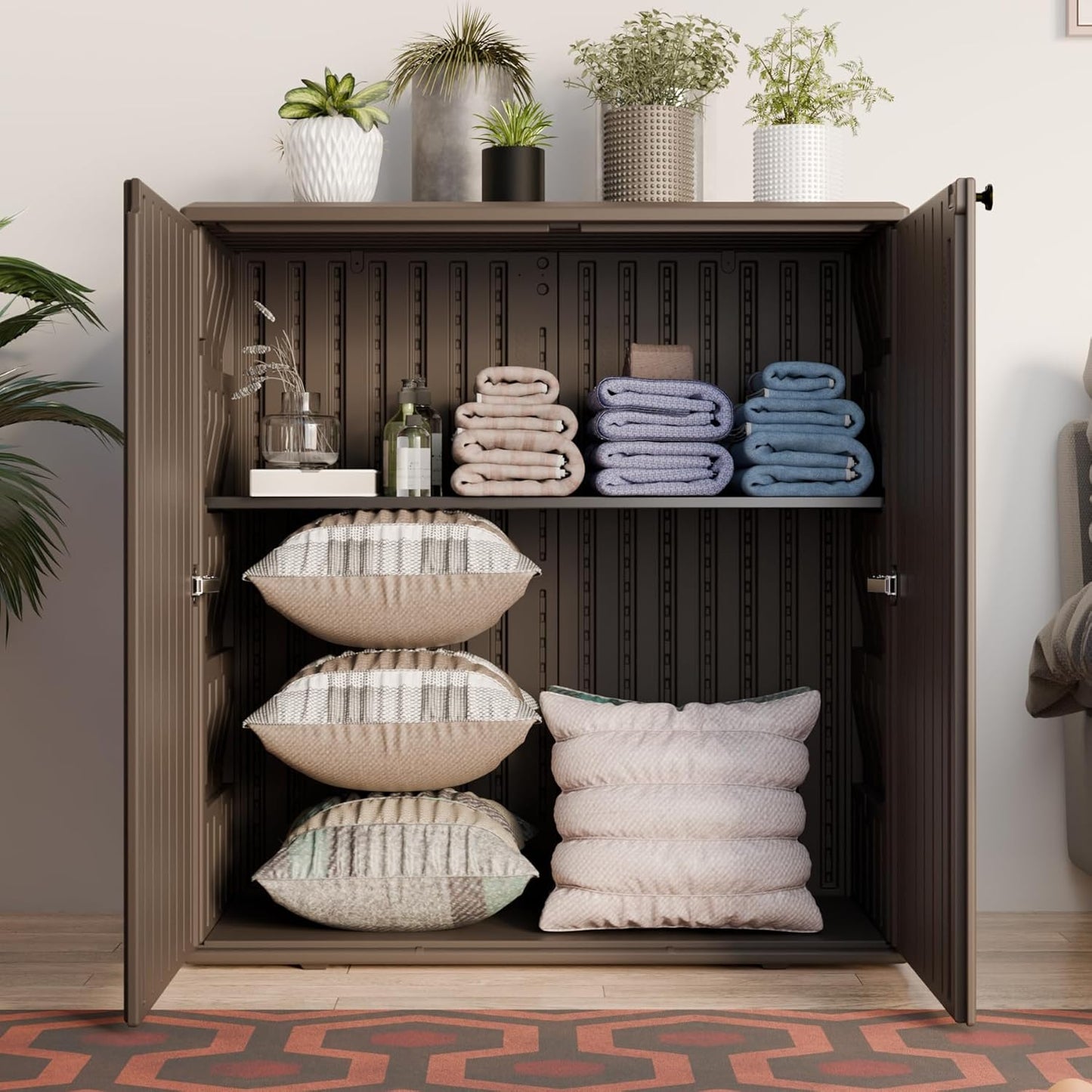 Indoor Outdoor Storage Cabinet Waterproof with 1 Shelf, Plastic Outdoor Storage Cabinets for Patio/Garden/Backyard, Size 34.3''L*15''W*36.2''H(Brown)