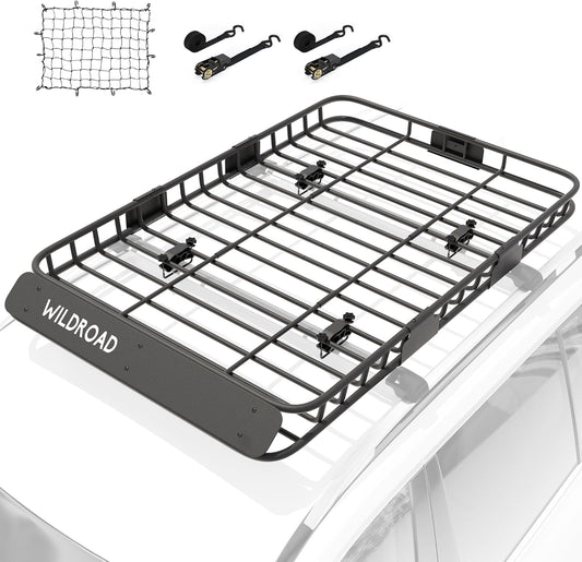 WILDROAD Car Roof Cargo Carrier Combo of Upgraded 64"x 39"x 4" Roof Rack Cargo Basket, Super Duty Bungee Cargo Net. Universal Car Top Luggage Holder Carrier Basket Fits for SUV Truck Cars