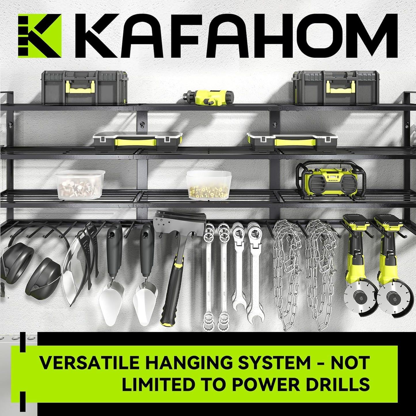 KAFAHOM Large Power Tool Organizer Wall Mount-13 Drill Holder for Garage,4 Layer Power Tool Rack,Tool Organizer and Storage with 2 New Accessories, Gifts Idea for Men Dad Husband
