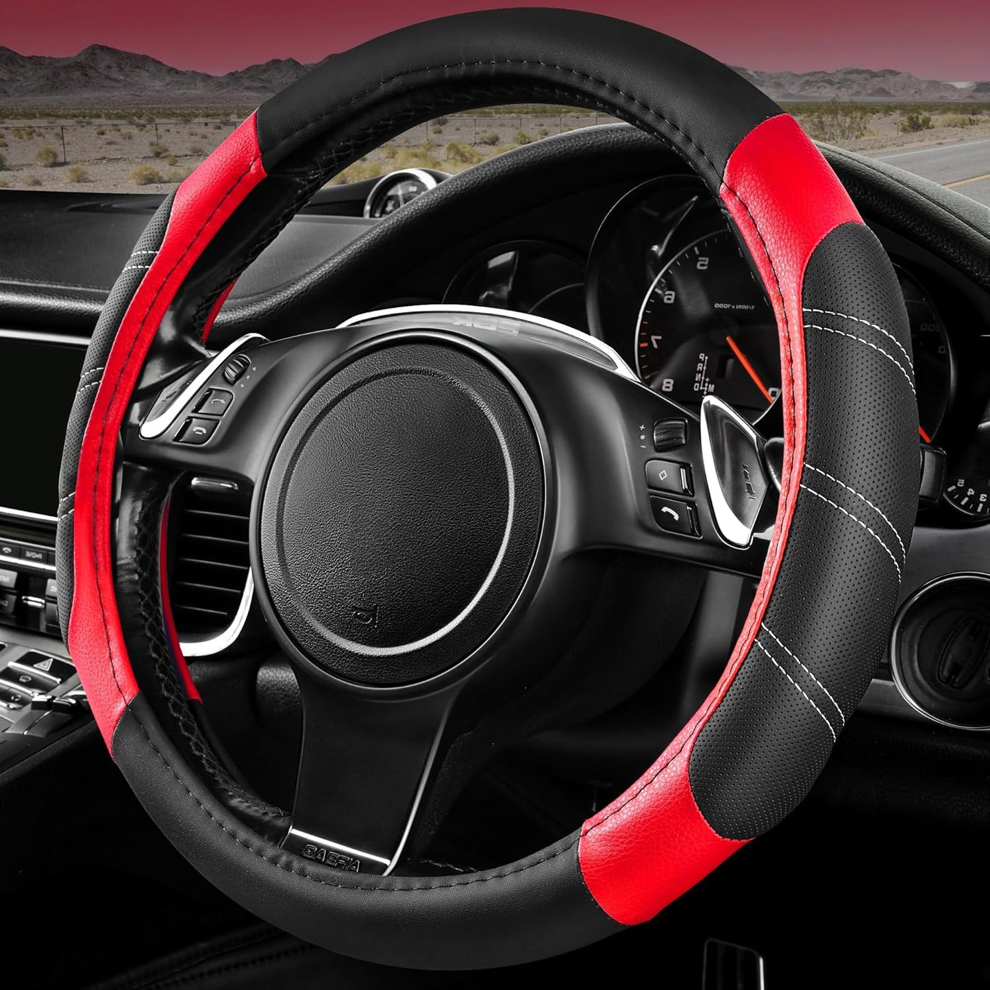 CAR PASS Line Rider Microfiber Leather Sporty Steering Wheel Cover Universal Fits for 95% Truck,SUV,Cars,14.5-15inch Anti-Slip Safety Comfortable Desgin (Black-Red)