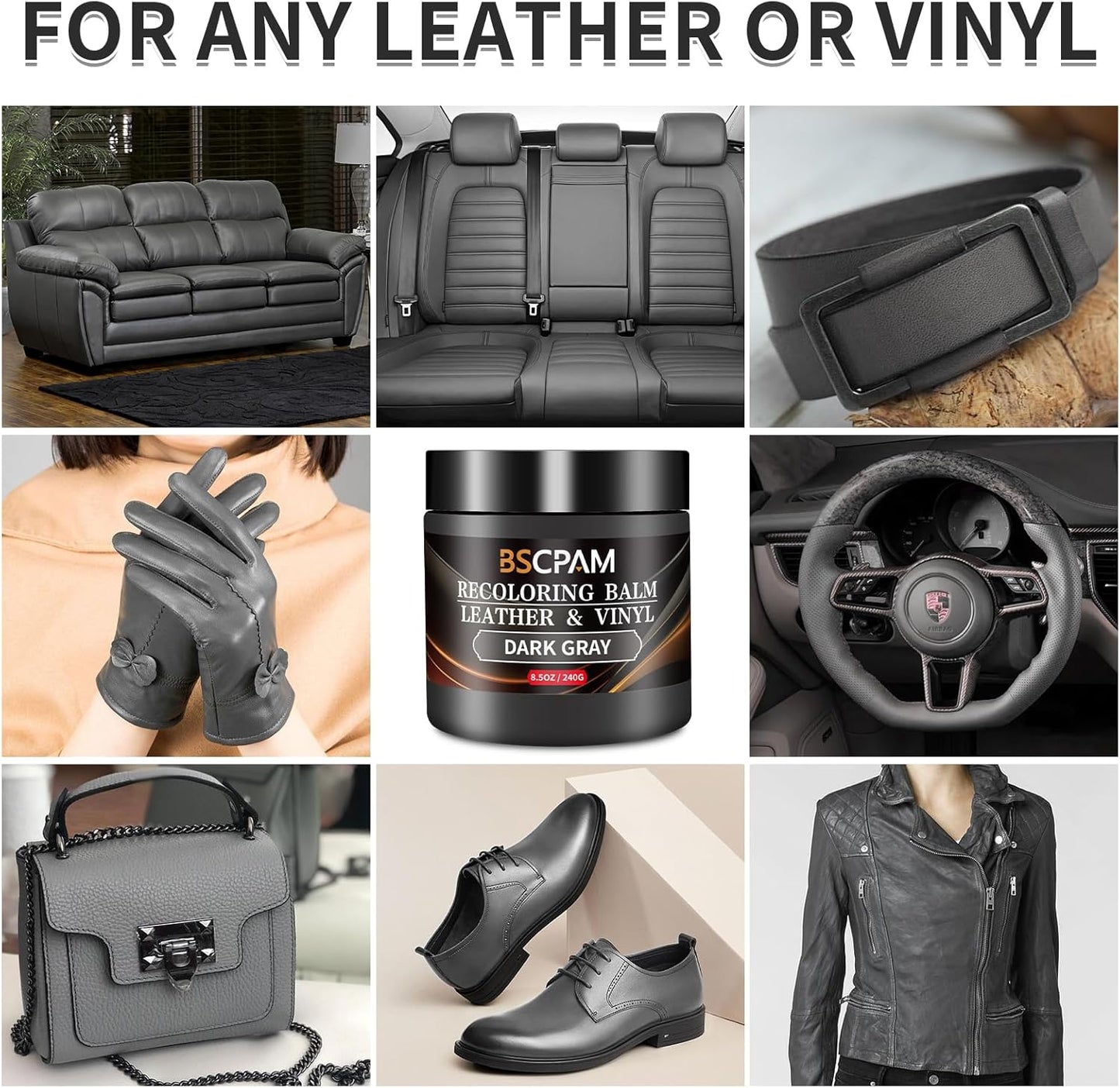 Dark Gray Leather Recoloring Balm,Leather Couch Scratch/Stain Remover,Leather Repair kit for Vinyl Furniture and Car Interior,Leather Dye Paint for Scratched and Faded Leather Couches