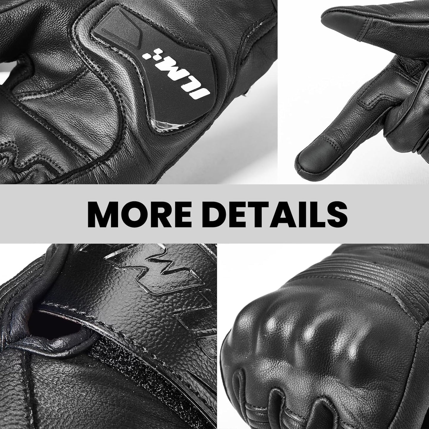 ILM Goatskin Leather Motorcycle Motorbike Powersports Racing Gloves Touchscreen for Men and Women Model DN01(S, Black Unperforated)