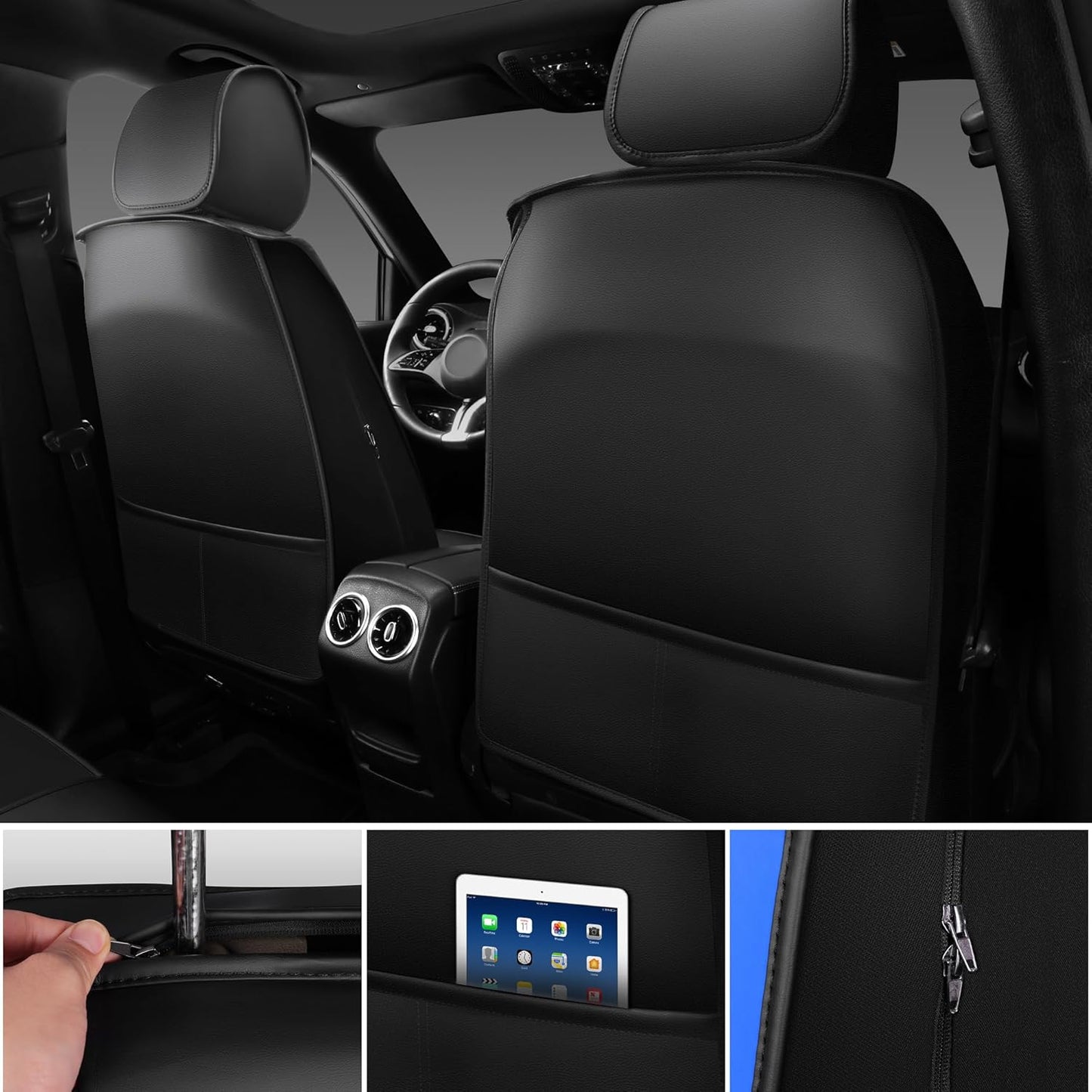 CAR PASS Nappa Leather Car Seat Covers Front Seats, Luxury Seat Protector for Cars, Waterproof Anti-Slip Seat Cushion Armrest Compatible Airbag Universal for Sedan SUV Pick-up Truck Auto, Black Blue