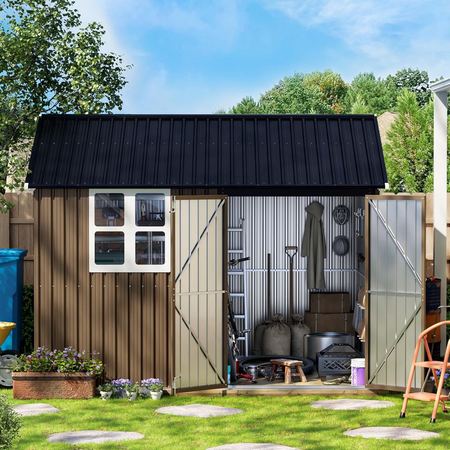 10X8FT Outdoor Steel Storage Shed with Lockable Doors, One Big Window,Ideal for Garden, Backyard, Patio Storage,Brown