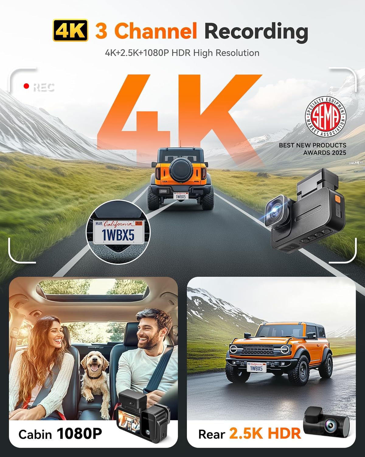 WOLFBOX X5 3 Channel 4K HDR Dash Cam, STARVIS 2 IMX678 Night Vision, 4K+2.5K+1080P Front and Rear Inside Car Camera with 128GB Card and GPS, Support Voice Control, Touch Screen and 5.8GHz WiFi