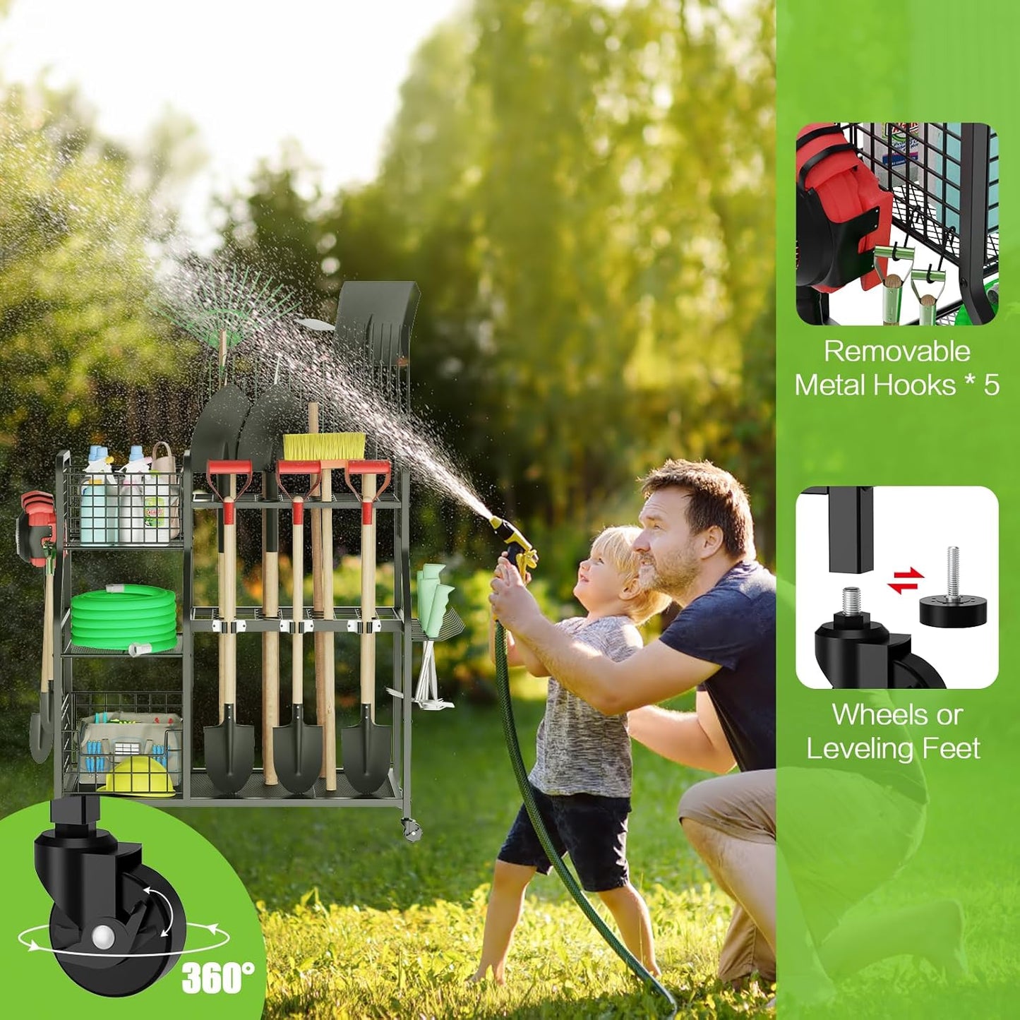 Garden Tool Organizer for Garage, 3 Tier Utility Yard Tool Organizer and Storage Holder with Wheels, Large Garden Tool Rack with Extra Storage Basket for Shed/Garage/Yard/Basement/Lawn