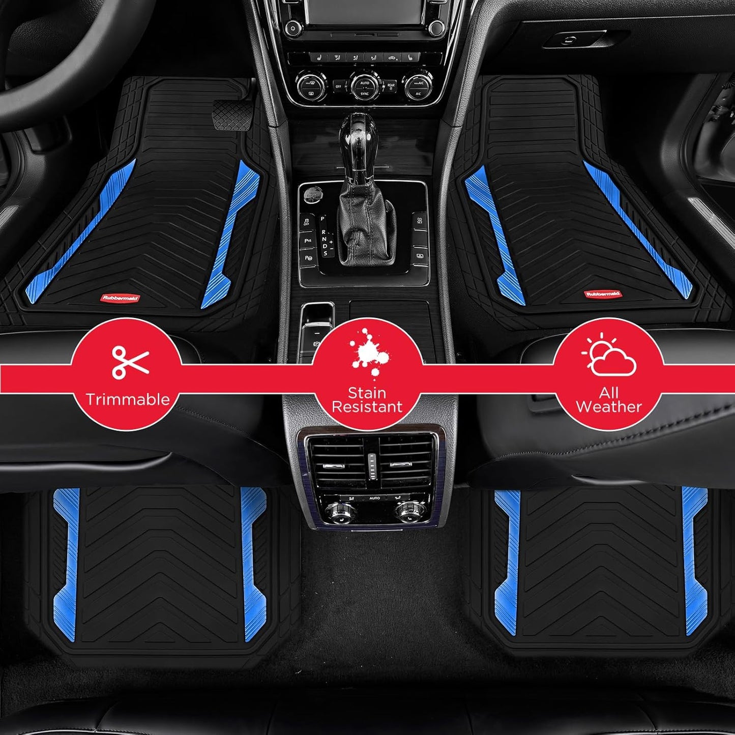 Rubbermaid Car Floor Mat, Heavy Duty All-Weather Car Mats Full Set with Dual-Tone Blue Aluminum Inserts – Universal Fit, Anti-Slip Backing, Trim-to-Fit for Most SUV, Sedan, Van