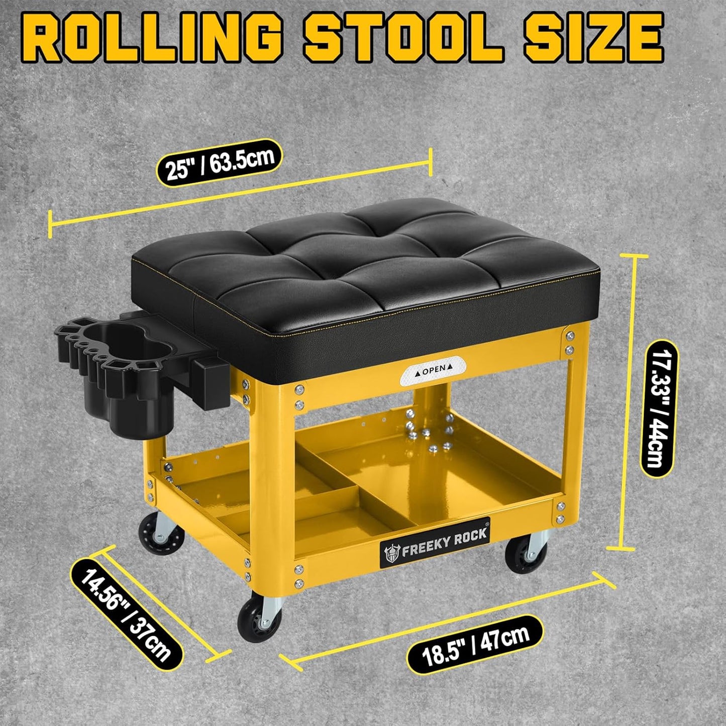 Rolling Mechanic Shop Stool with Wheels, Garage Mechanics Stool with 2 Layer Repair Tools Tray, Padded 360° Swivel Automotive Roller Creeper Seat Shop Chair, Heavy Duty, 330 LBS Capacity, Yellow