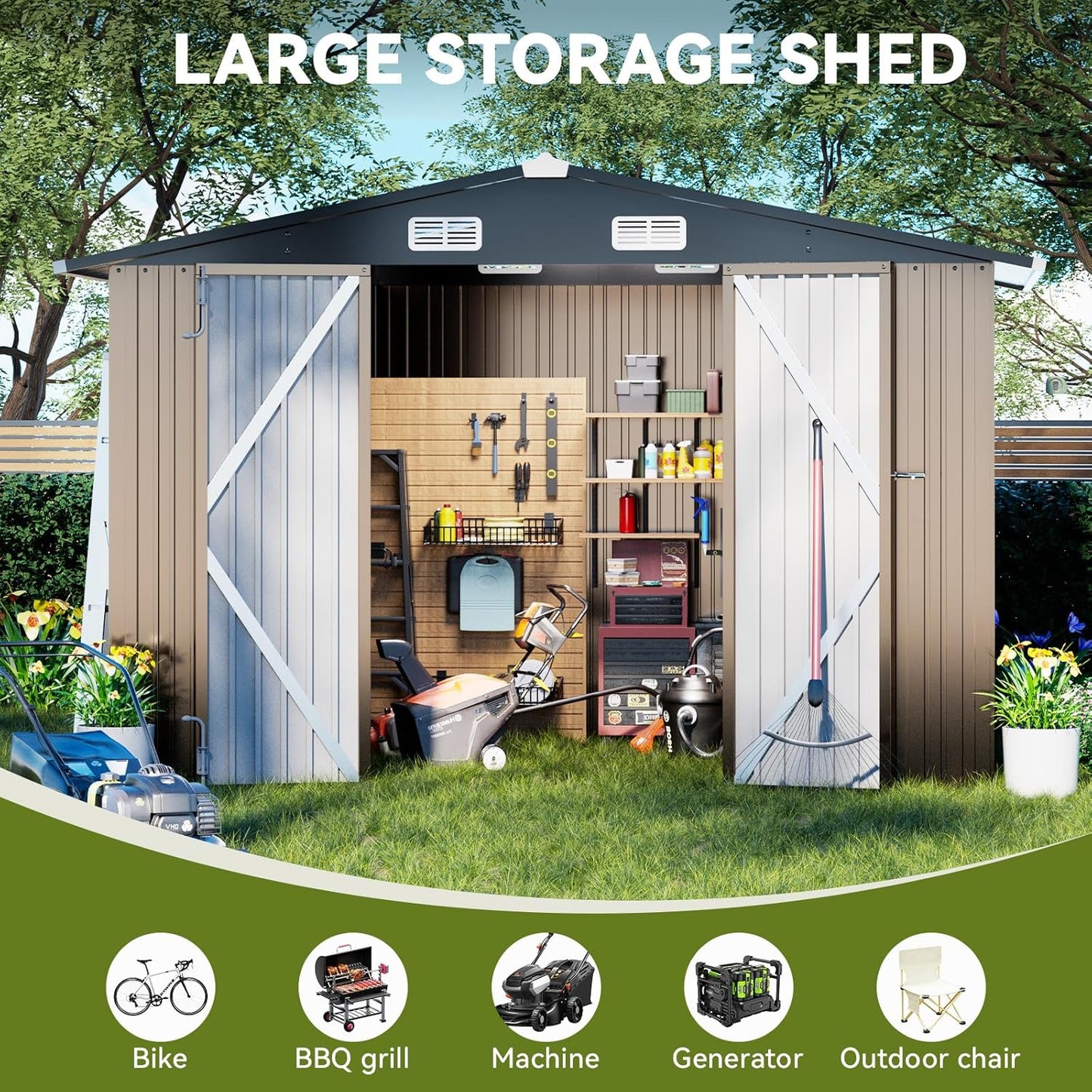 COMHOMA Shed Outdoor Storage Shed Metal,Lockable Doors Tool Sheds with Sloping Roof,Steel Garden Shed with Air Vent for Backyard,Patio,Lawn,Poolside (Brown, 10'*10')