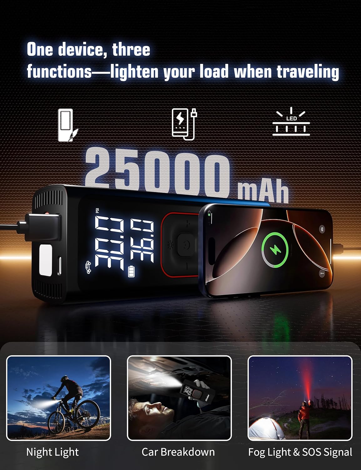 Tire Inflator Portable Air Compressor, 3X Faster 25000mAh 160 PSI Air Pump for Car Tires- Cordless, with Pressure Gauge, LED Light & Digital Display, for Car, Pickup, Truck, Motor, E-Bike and More