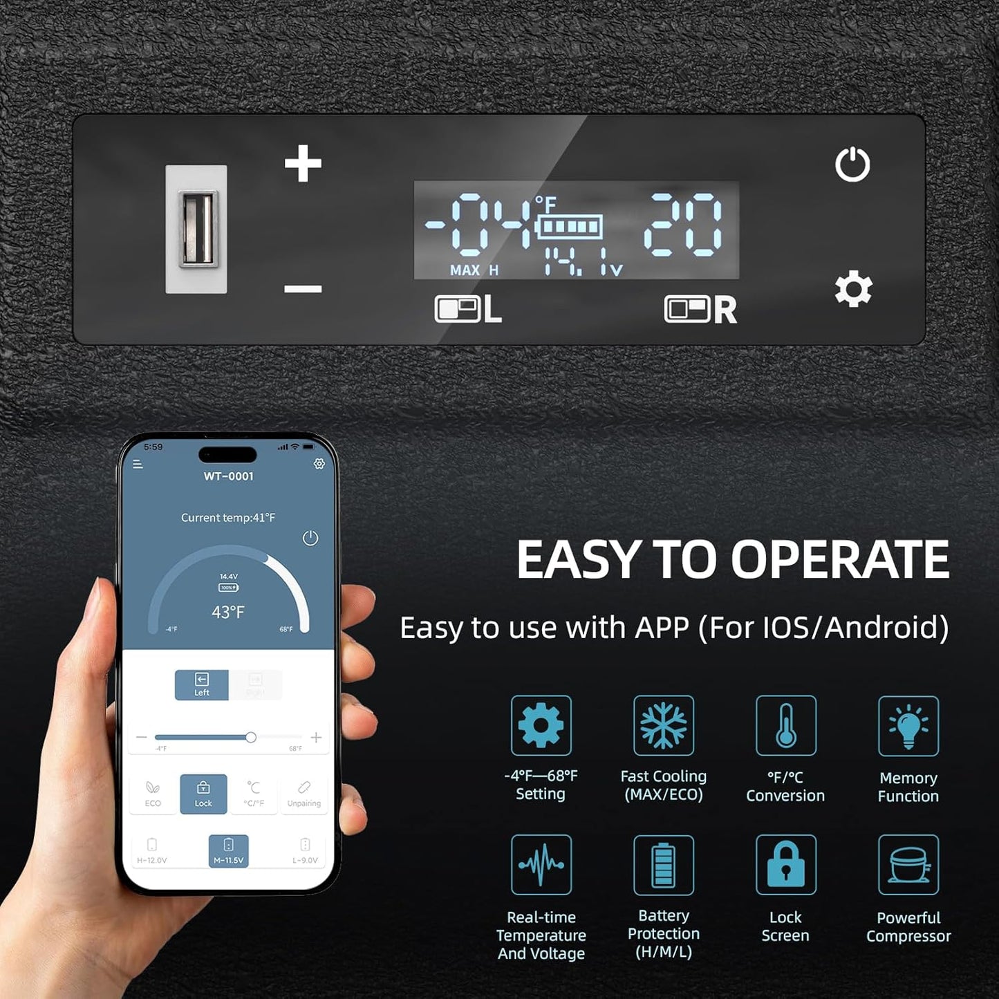 12 Car Refrigerator, 53Quart Dual Zone 12V Car Fridge Portable Freezer(-4F~68F), Compressor Electric Cooler with 12/24V DC 110-240V AC, APP Control, for Camping, Travel, RV, Truck (53Quart)