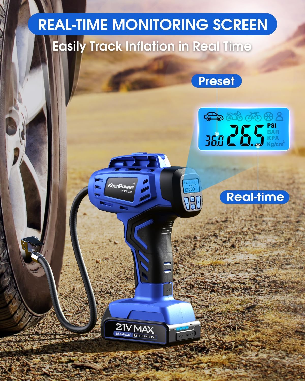 Smart Cordless Tire Inflator Portable Air Compressor Rechargeable 21V Battery Powered 160PSI Handheld Air Pump w/4+N Smart Modes & Dual Power & Digital Pressure Gauge for Cars Motorcycles