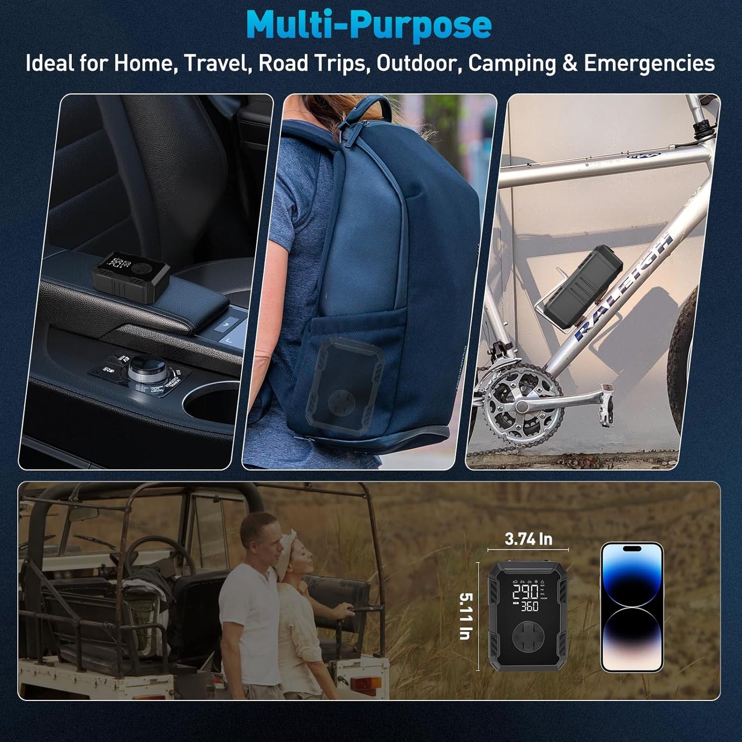 Tire Inflator Portable Air Compressor – Wireless & 12V Dual Power, Auto Shut-Off, Digital Display, Fast Inflation & LED Light, for Car, Bike, Sports & Travel