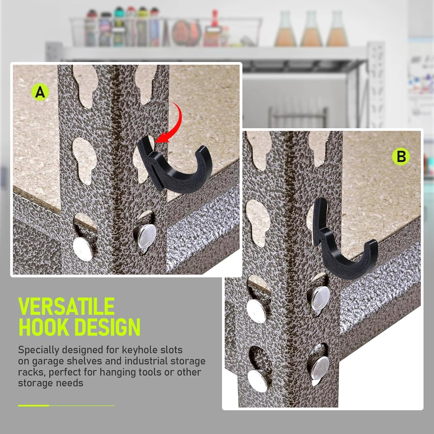 HUIKANGSHENG 16 Pcs L-Hooks & J-Hooks for Garage Shelving & Industrial Storage Racks, UV-Resistant, Supports Up to 40 lbs,Compatible with Keyhole Slots