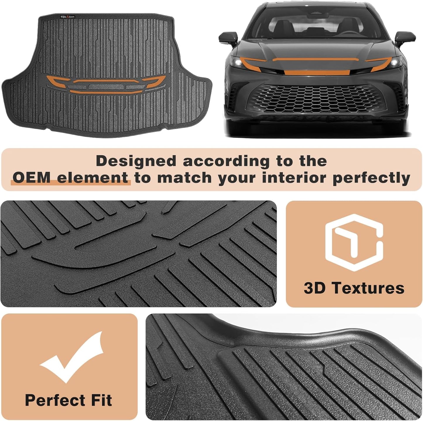 TripleAliner Trunk Floor Mat All Weather Liners Compatible with 2025 Toyota Camry (Include Hybrid) Accessories TPE Carpets Trunk Liner TPE Custom Fit Protection Car Mats
