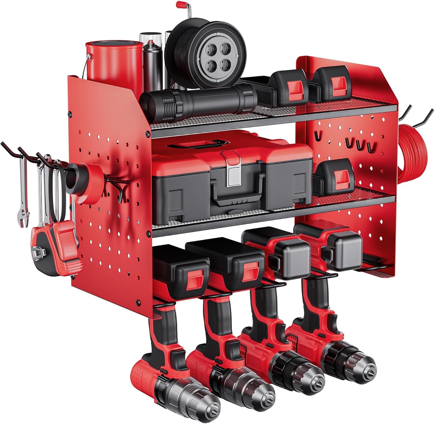 TRZZ Power Tool Organizer Wall Mount, 3-Layer Drill Holder with 2 Side Pegboards, Cordless Drill Rack with 4 Hooks, Efficient Storage for Workshop, Garage, and Tool Room (Red)