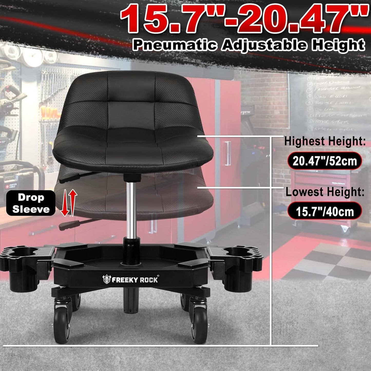 Rolling Stool with Wheels, Adjustable Height Pneumatic Garage Work Mechanic Stool Seat with Backrest, 400 LBS Capacity 360° Swivel Mechanic Crepper Chair with Tool Tray Storage, Black