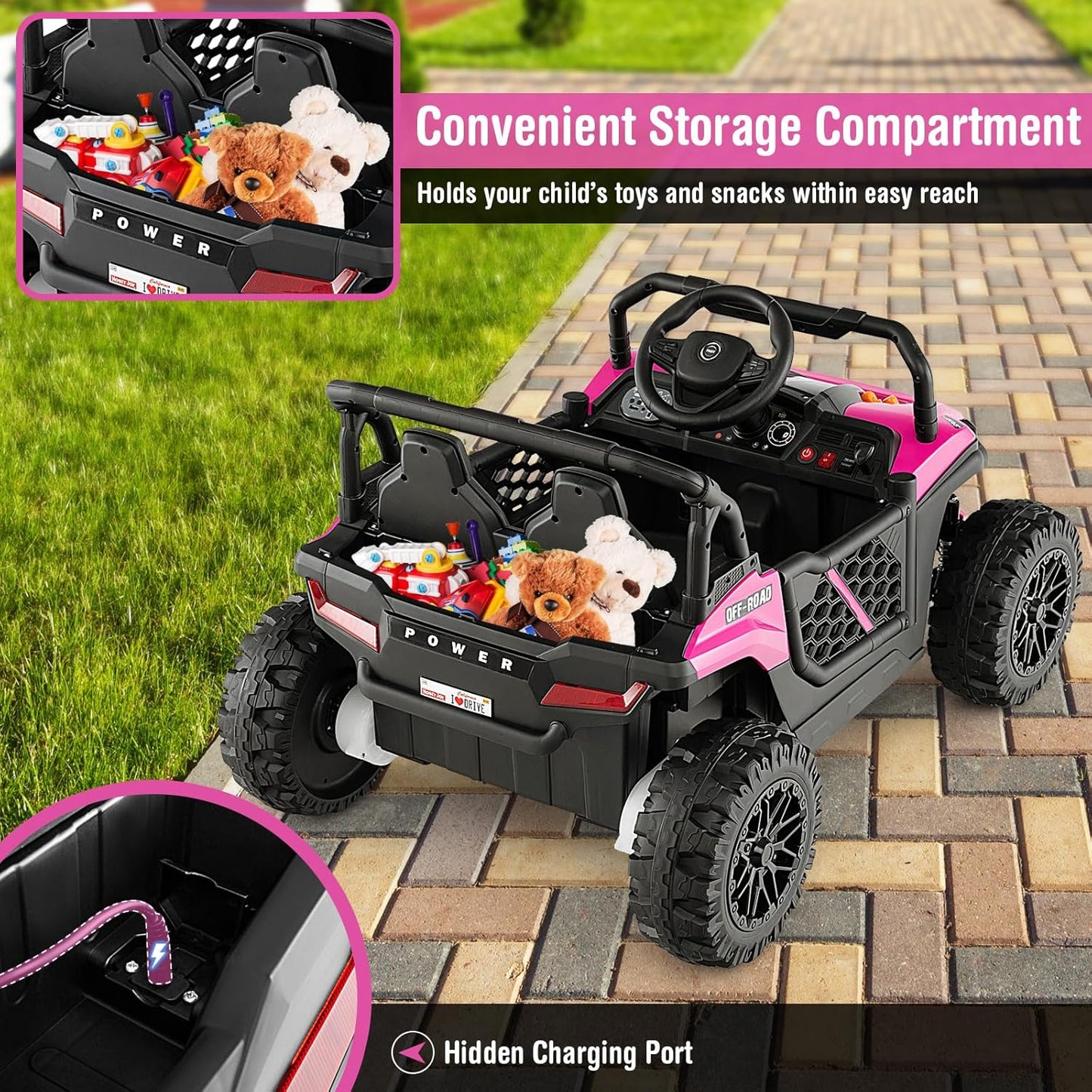 Costzon Kids UTV, 12V Battery Powered Electric Off-Road Car w/Remote Control, Sounds, Wireless Connection, 3 Speeds & 4-Wheel Suspension, Kids Ride on Truck, Gift for Boys & Girls 3+ Years Old (Pink)
