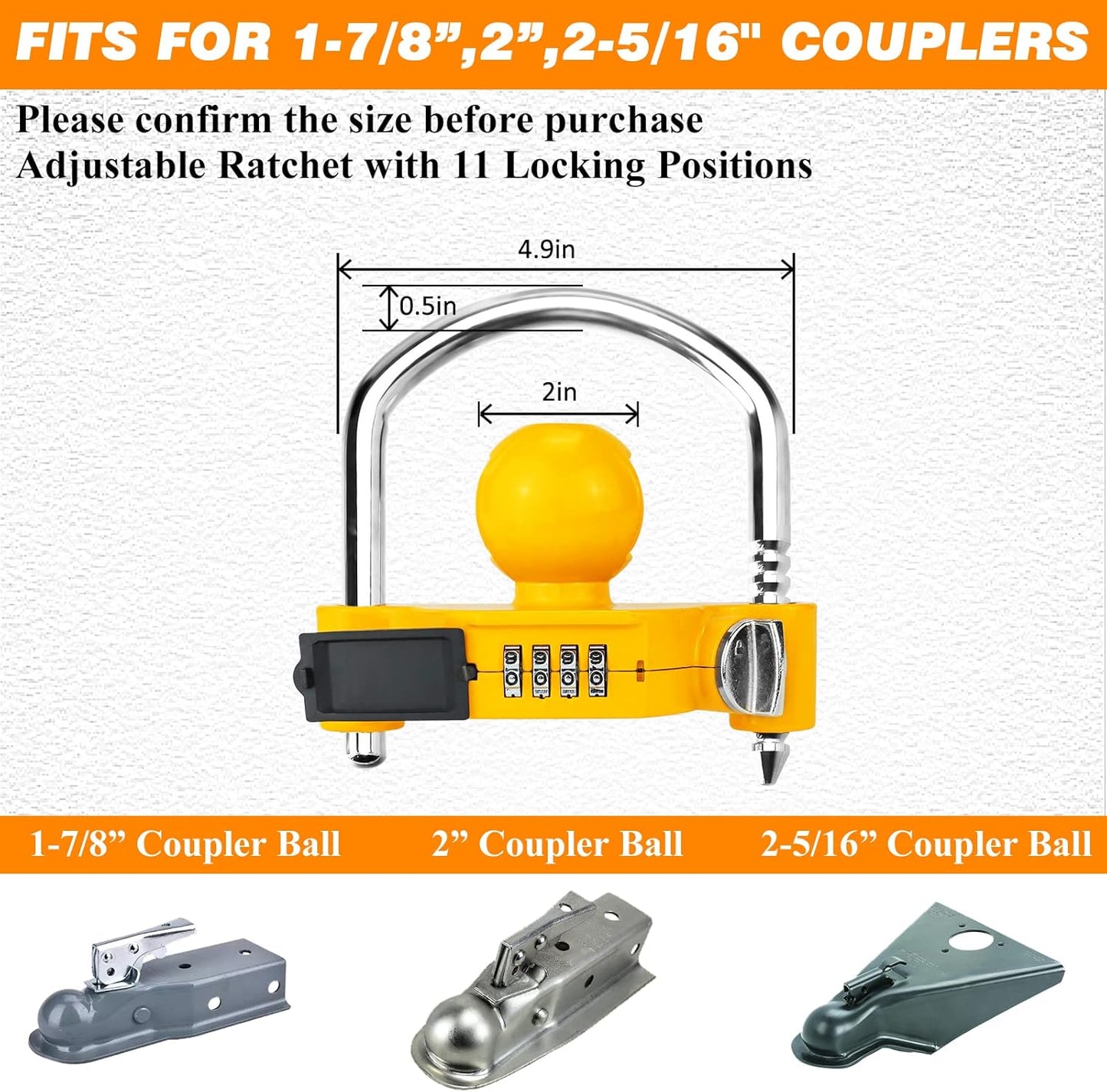 Funmit Trailer Lock Universal Hitch Lock with Combination Lock, fit 1-7/8", 2", 2-5/16" Coupler, Camper Accessories for Travel Trailers Boats Trucks Rvs Yellow