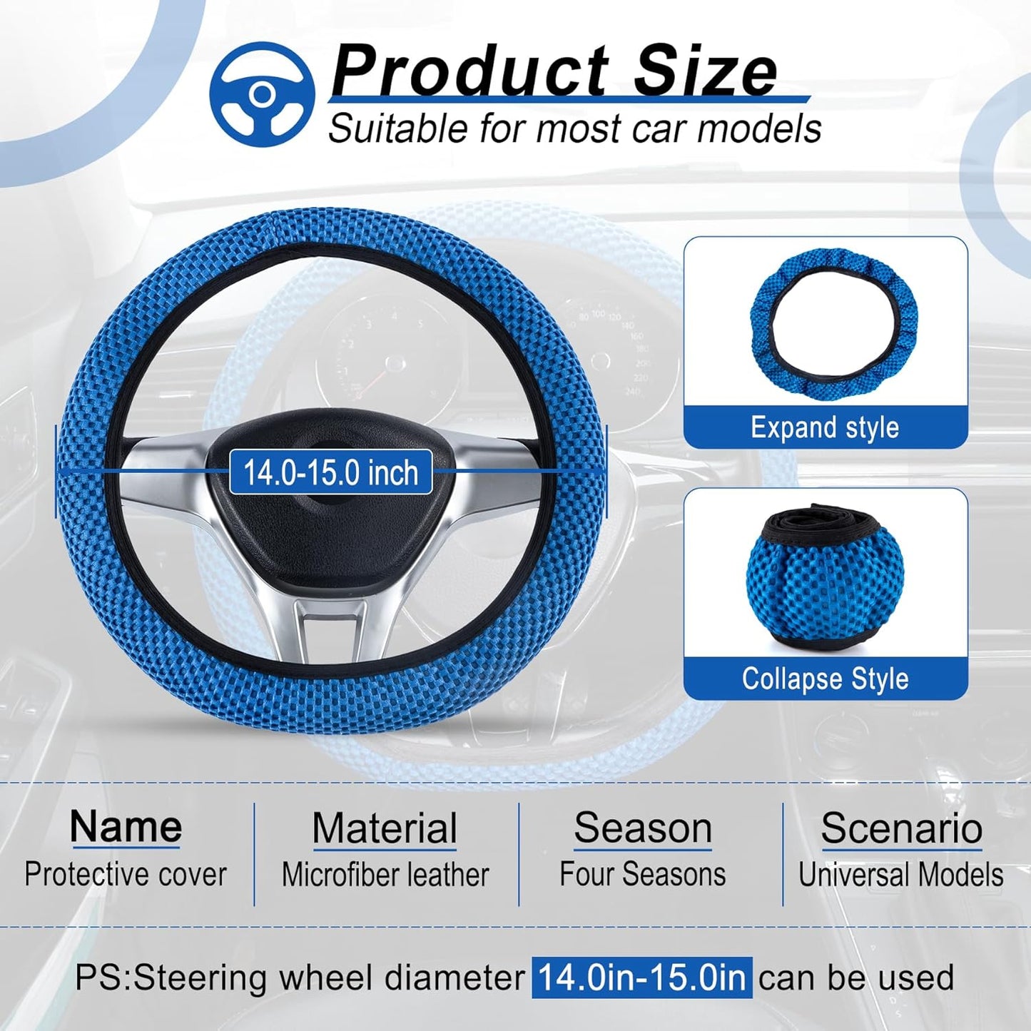 alpmosn Elastic Stretch Steering Wheel Cover, Universal Interior Accessories Steering Wheel Cover for Women & Men, Breathable Microfiber Ice Silk, Anti-Slip, Odorless, Easy Carry(Blue)