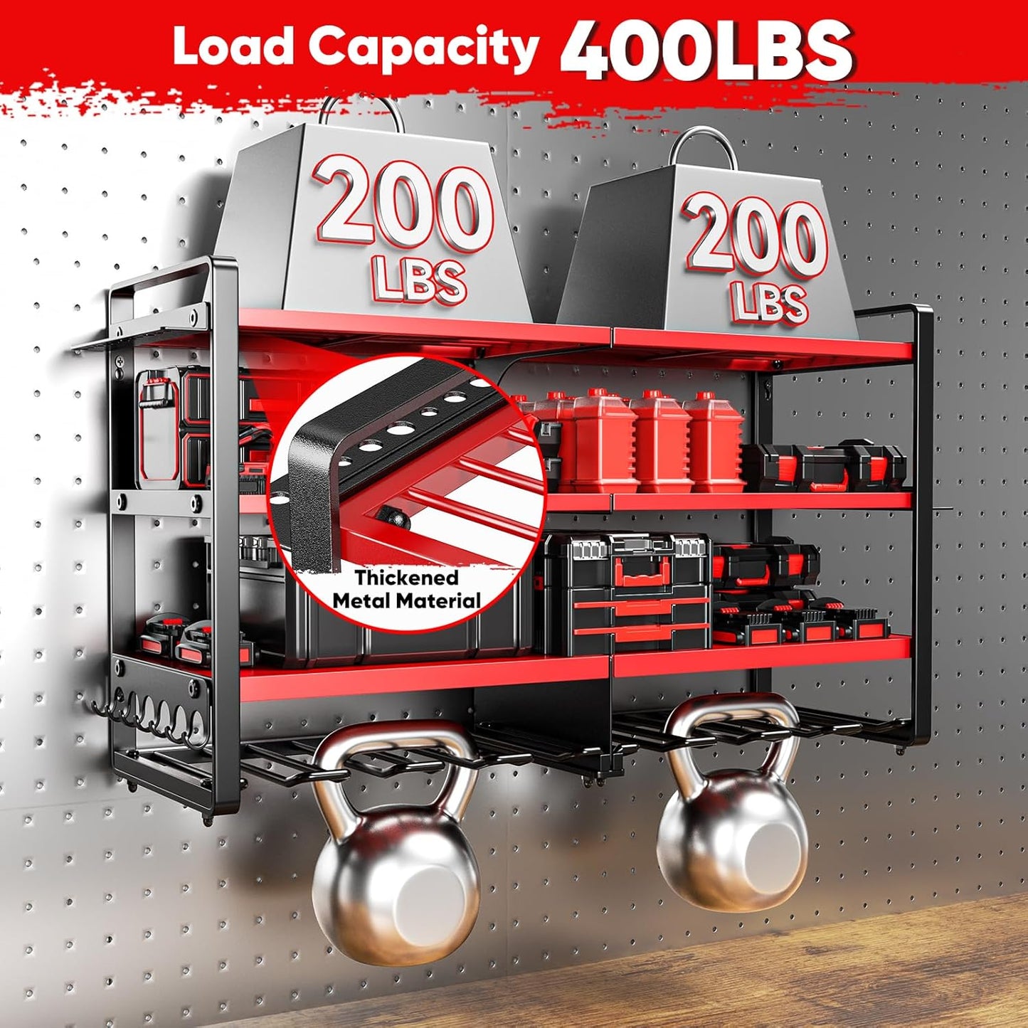 Upgrade Large power tool organizer Wall Mount,4 Layers Heavy Duty Metal Loads 400lbs Power Tool Hanger Shelf Battery Storage with 8 Cordless Drill Bit Holder,Utility Racks for Garage Tool Room