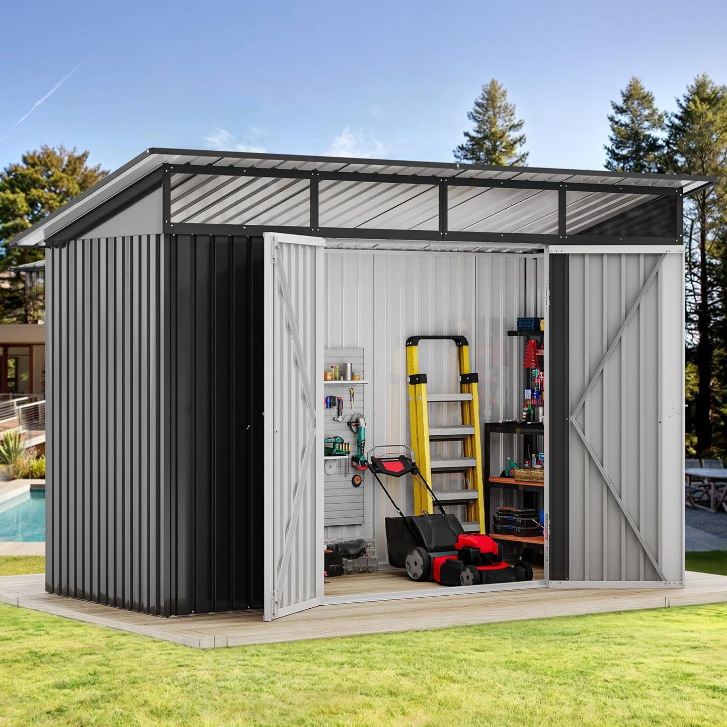 DWVO 9x4 FT Outdoor Storage Shed with Acrylic Windows, Utility Tool Shed Metal Storage Garden Shed with Door & Lock for Bike Storage, Waterproof Trash Shed for Backyard Garden Patio, Dark Dray